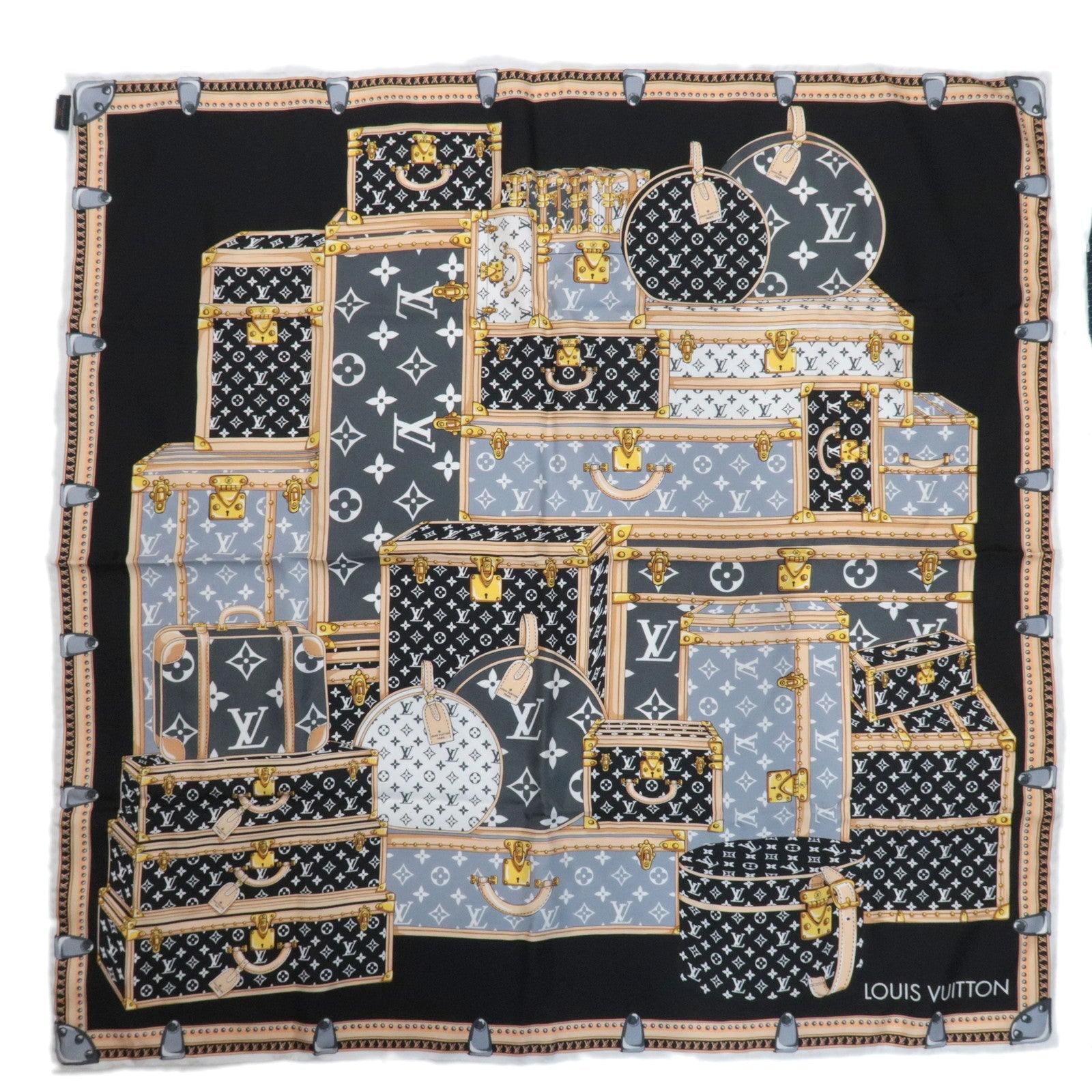 Louis Vuitton Carre Let's Go Scarf Size S 100% Silk Black M76459 OS2243 *Box83692