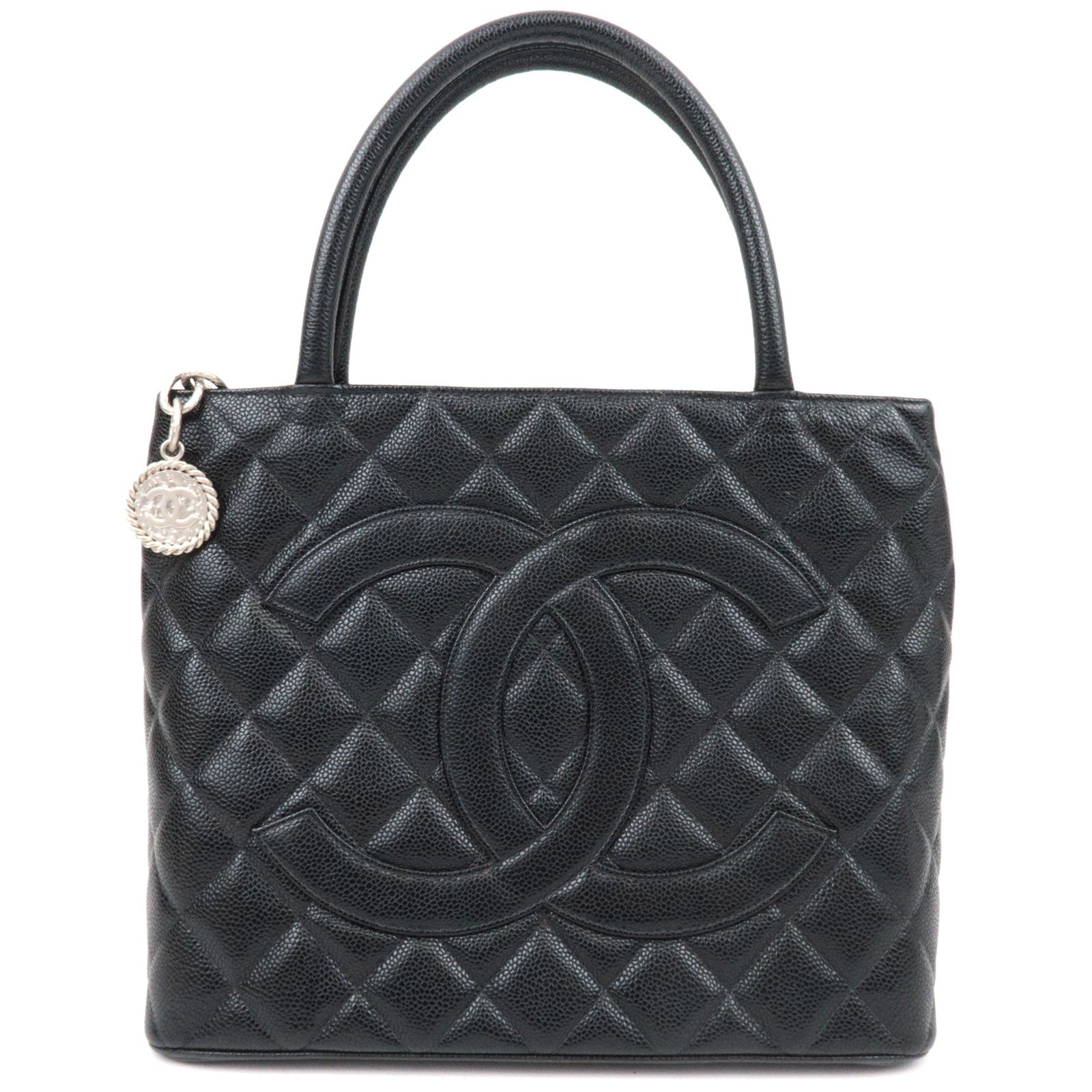 CHANEL Medallion Tote Bag Caviar Skin Black Silver HDW A01804 1003100883726