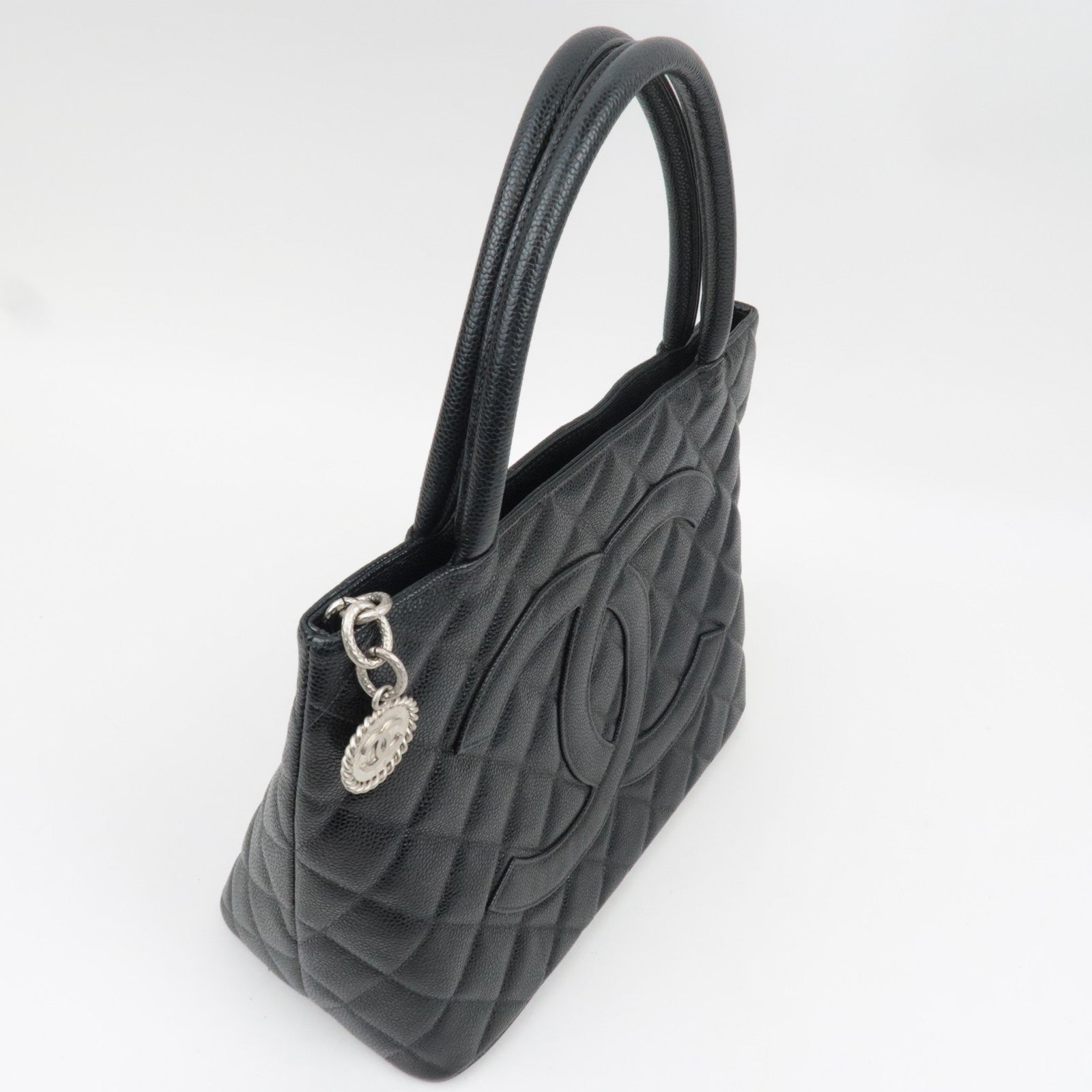 CHANEL Medallion Tote Bag Caviar Skin Black Silver HDW A01804 10031008