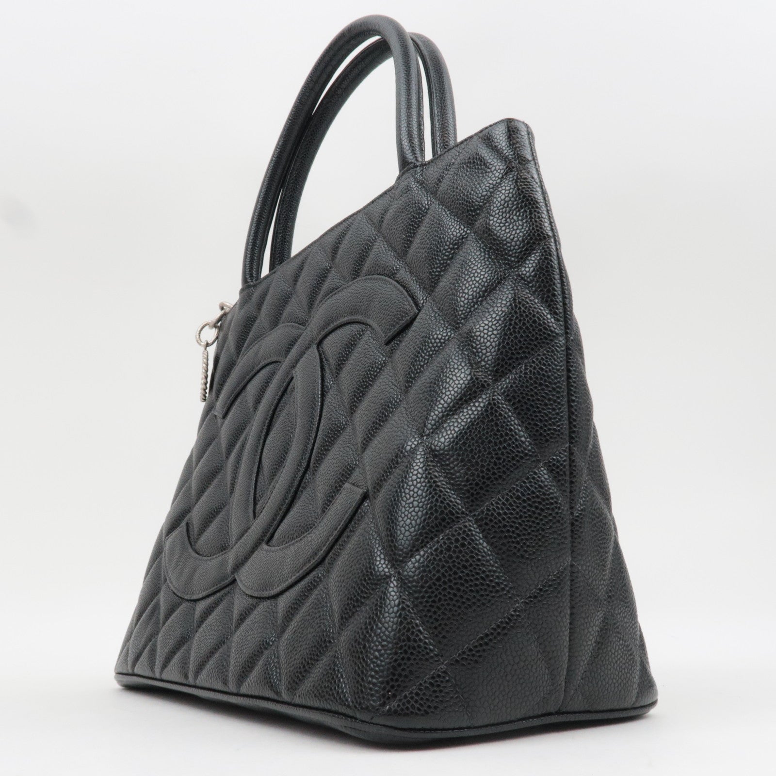 CHANEL Medallion Tote Bag Caviar Skin Black Silver HDW A01804 10031008