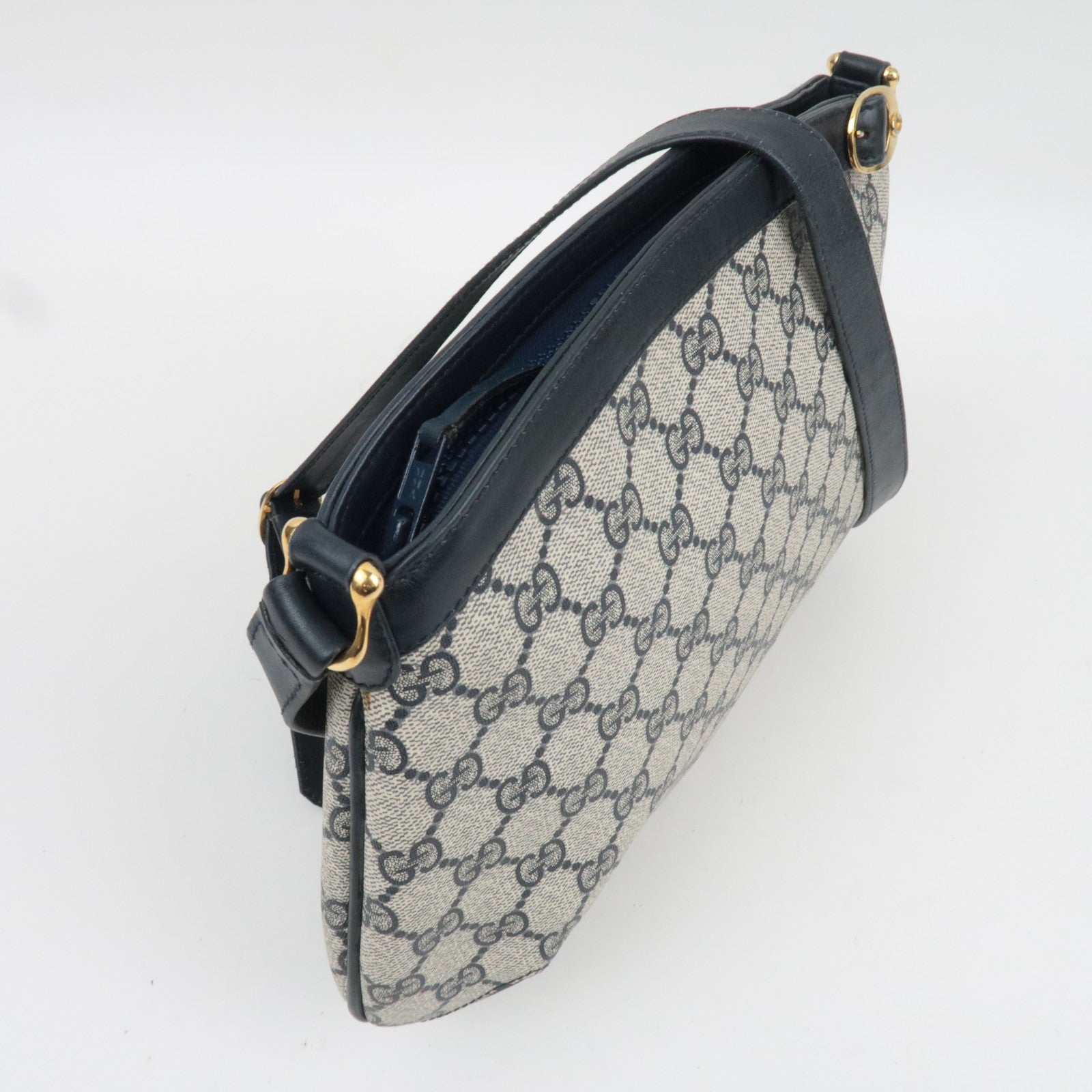 GUCCI Old Gucci GG Plus Leather Shoulder Bag Navy Beige