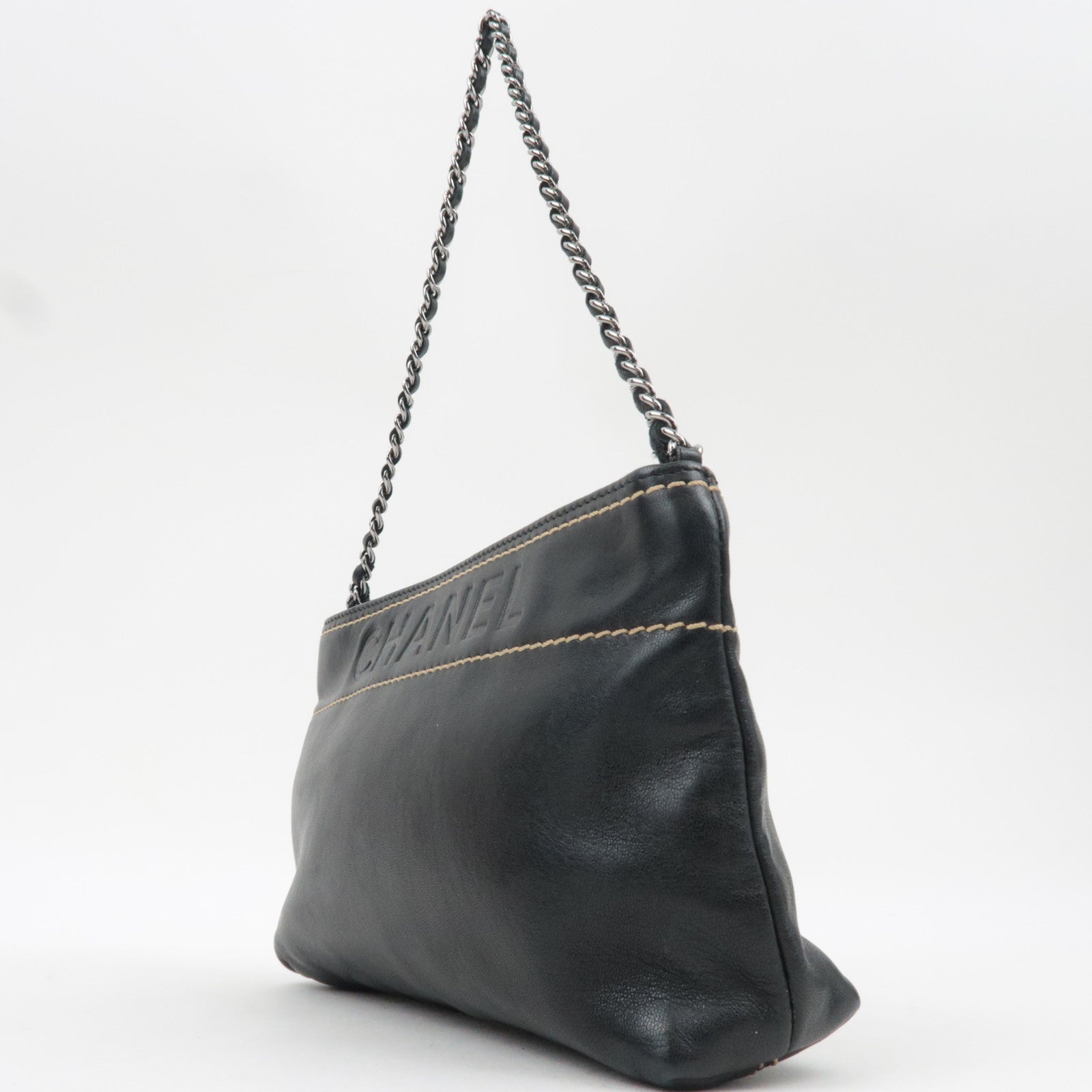 CHANEL Logo Chain Shoulder Bag Lambskin Black Silver HDW 9286794