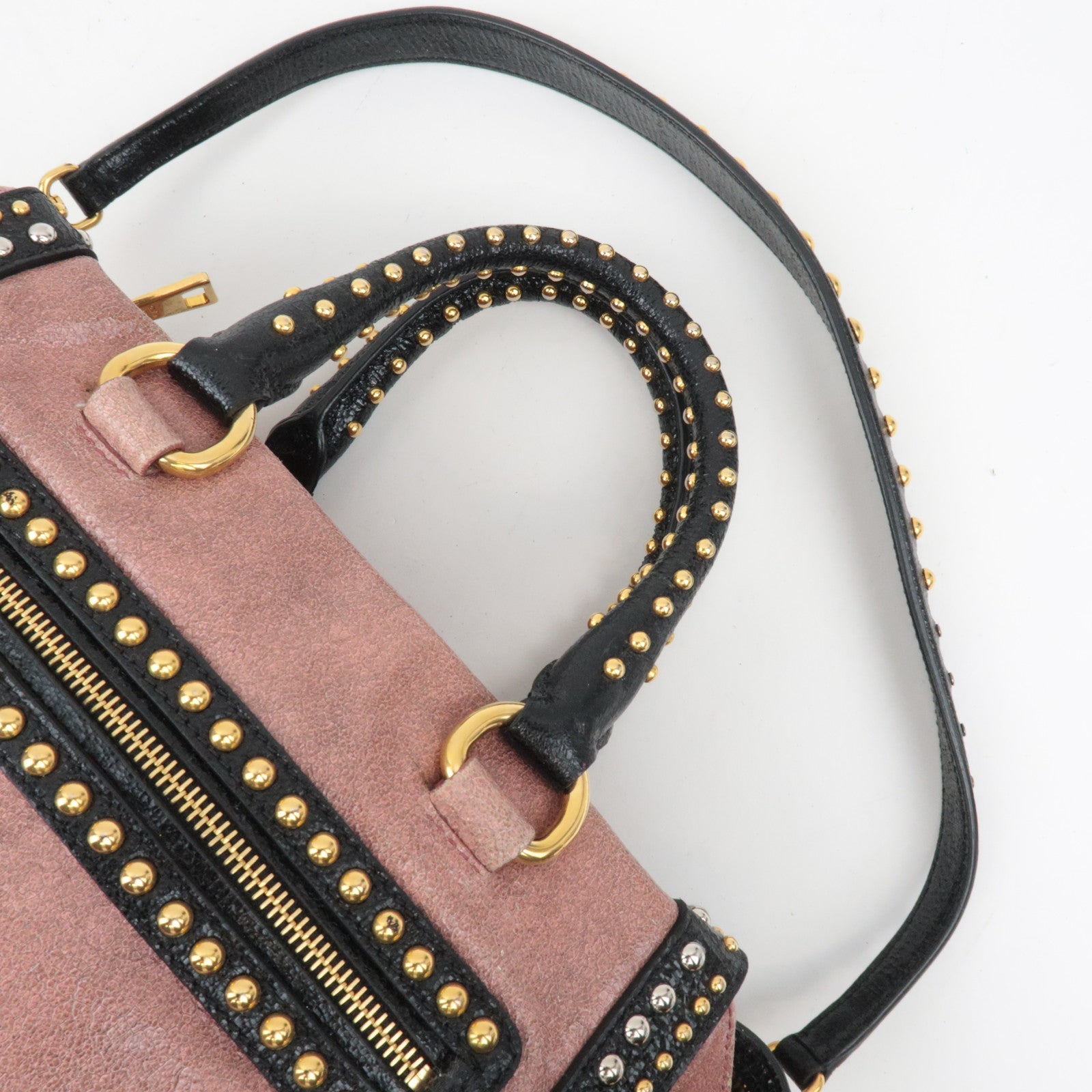 PRADA Studded 2Way Craquele Leather Handbag Pink Black *Dust Bag, Strap