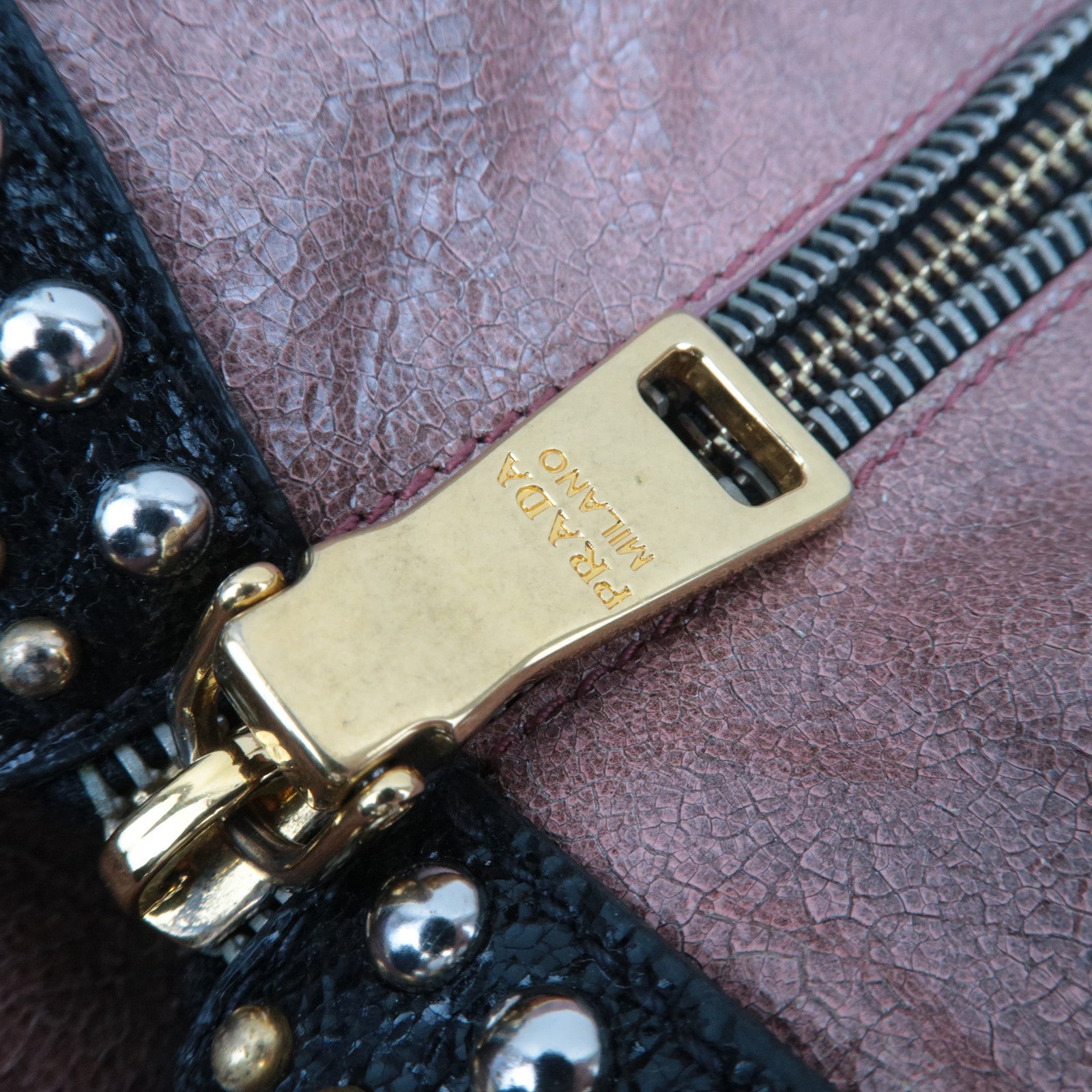 PRADA Studded 2Way Craquele Leather Handbag Pink Black *Dust Bag, Strap