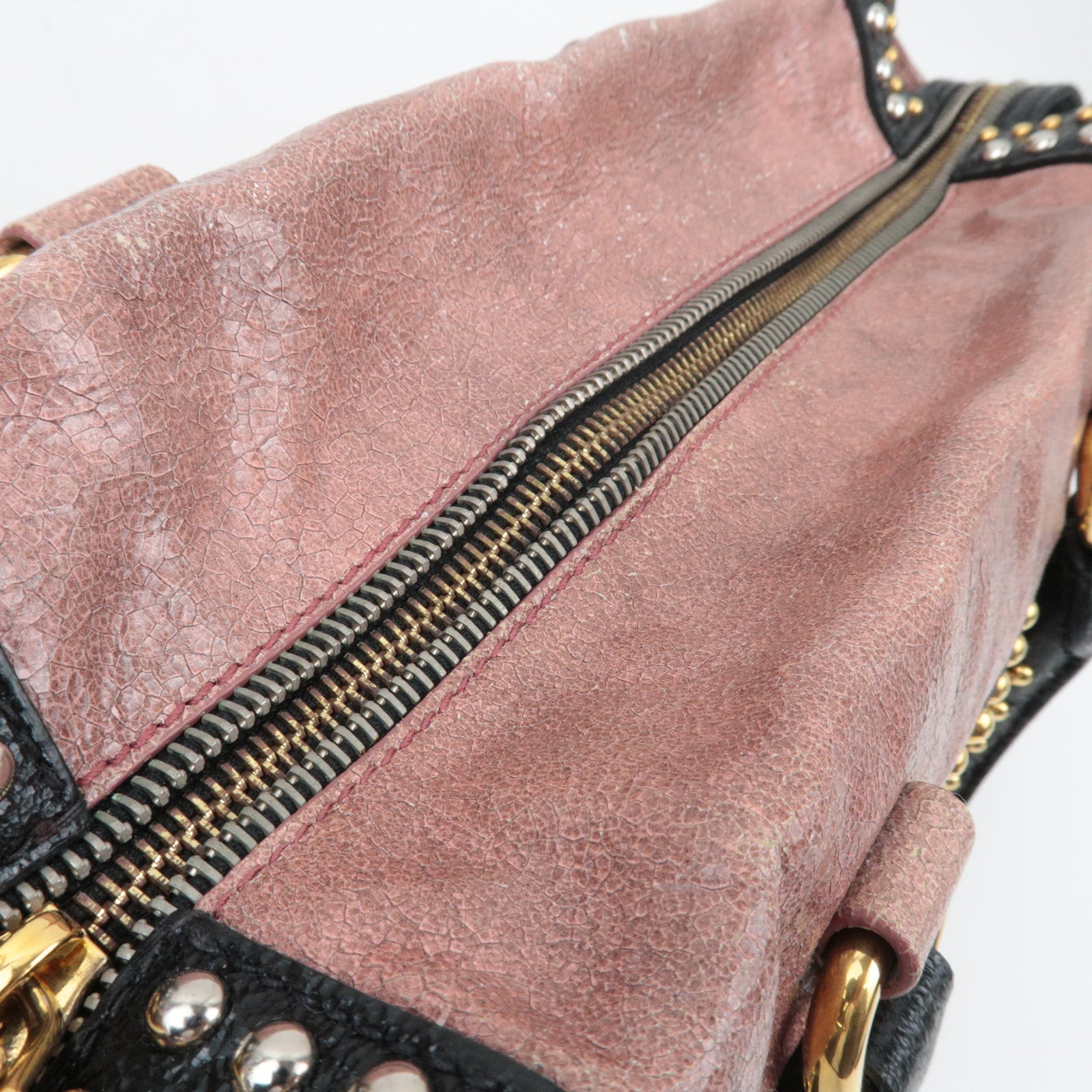 PRADA Studded 2Way Craquele Leather Handbag Pink Black *Dust Bag, Strap