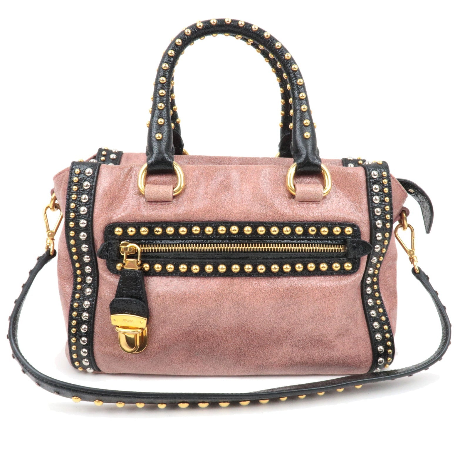 PRADA Studded 2Way Craquele Leather Handbag Pink Black *Dust Bag, Strap83740