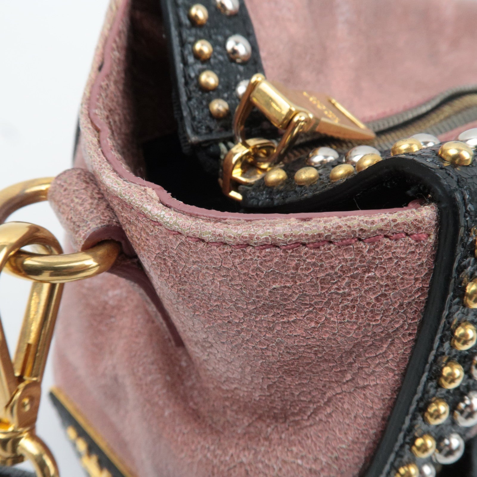 PRADA Studded 2Way Craquele Leather Handbag Pink Black *Dust Bag, Strap