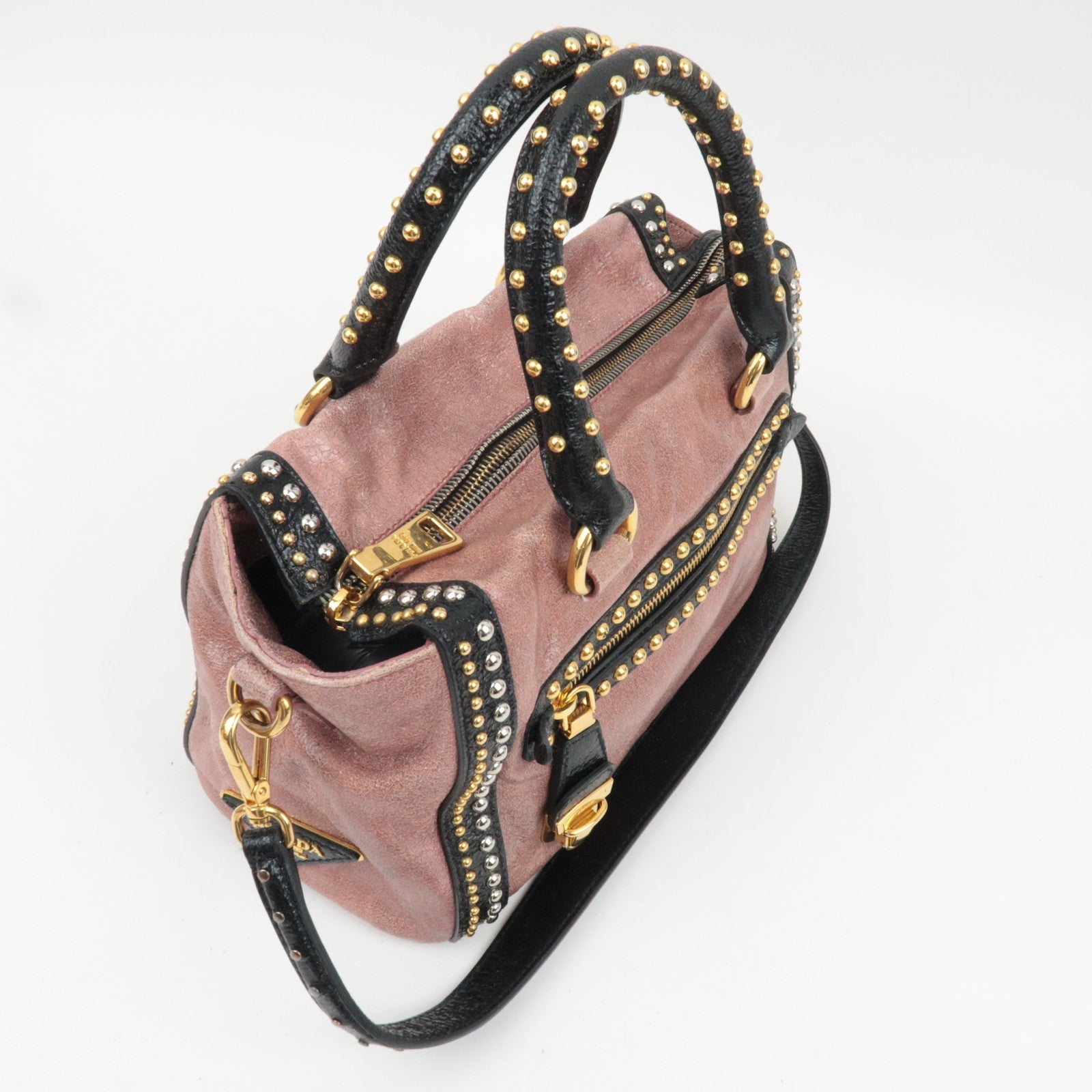 PRADA Studded 2Way Craquele Leather Handbag Pink Black *Dust Bag, Strap