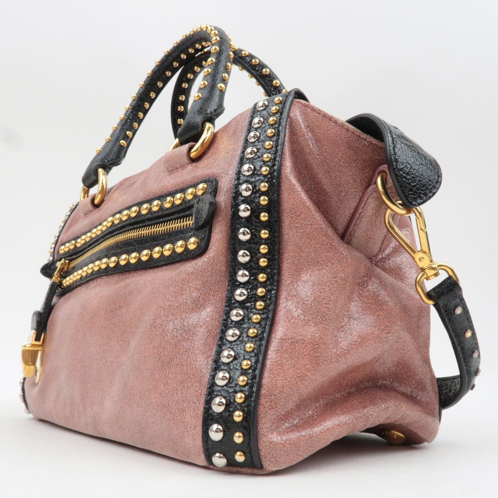 PRADA Studded 2Way Craquele Leather Handbag Pink Black *Dust Bag, Strap