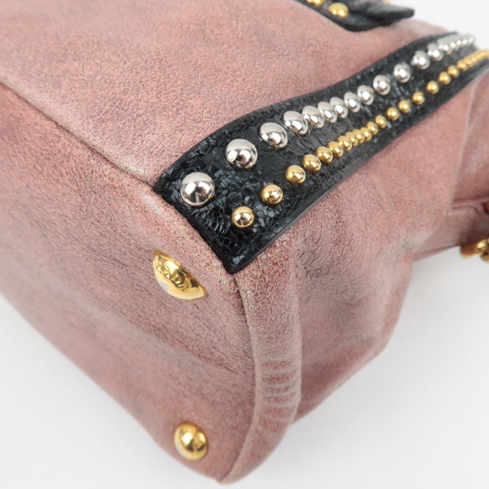PRADA Studded 2Way Craquele Leather Handbag Pink Black *Dust Bag, Strap