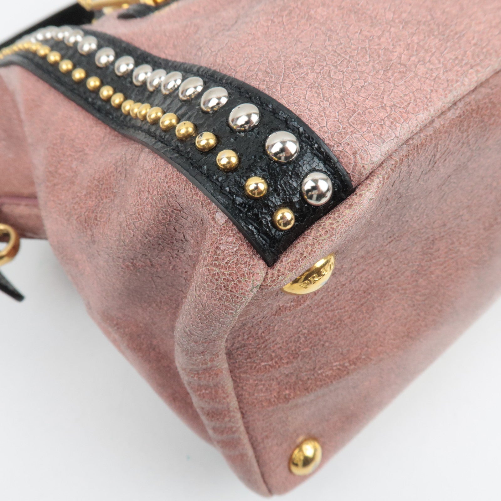 PRADA Studded 2Way Craquele Leather Handbag Pink Black *Dust Bag, Strap