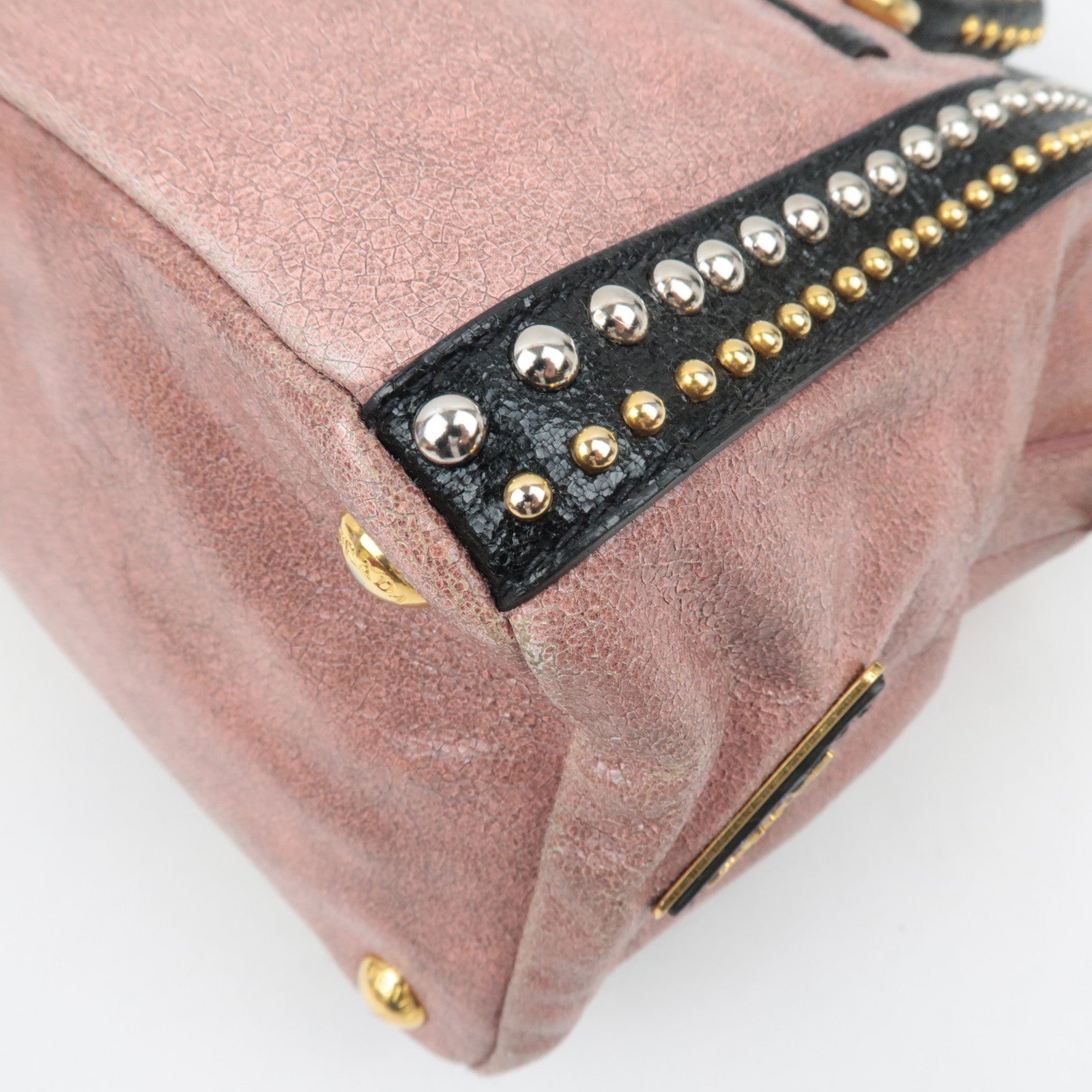 PRADA Studded 2Way Craquele Leather Handbag Pink Black *Dust Bag, Strap