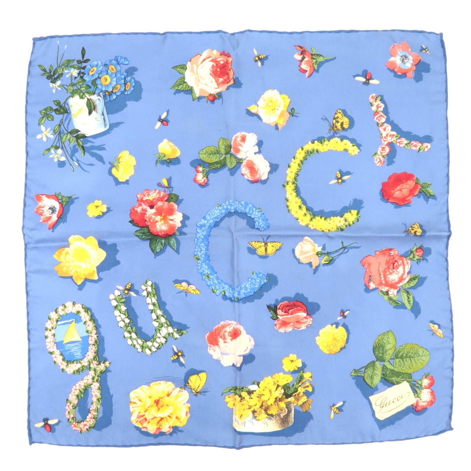 GUCCI Flower Print Scarf 100% Silk Blue83783