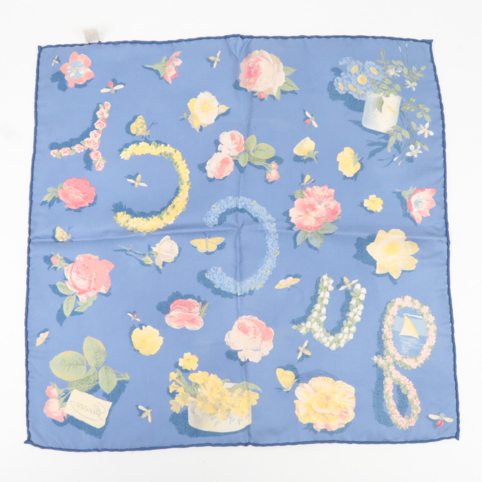 GUCCI Flower Print Scarf 100% Silk Blue