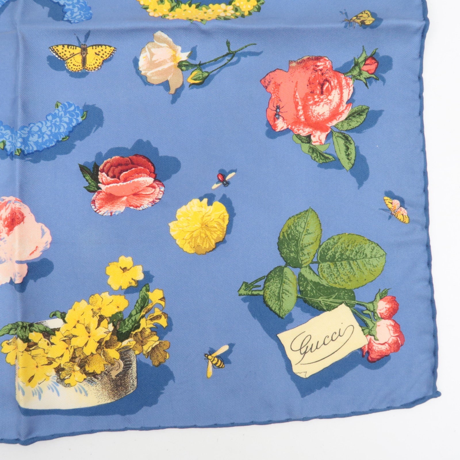 GUCCI Flower Print Scarf 100% Silk Blue