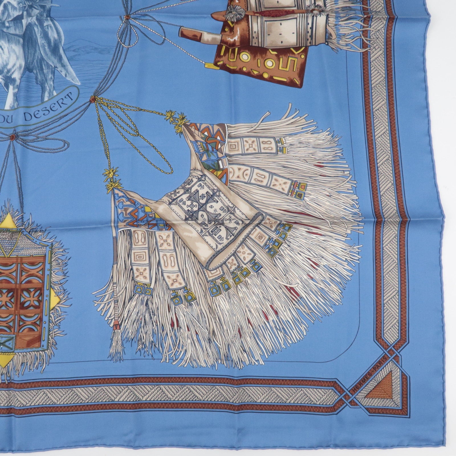HERMES Carré 90 Scarf CUIRS DU DESERT 100% Silk Blue