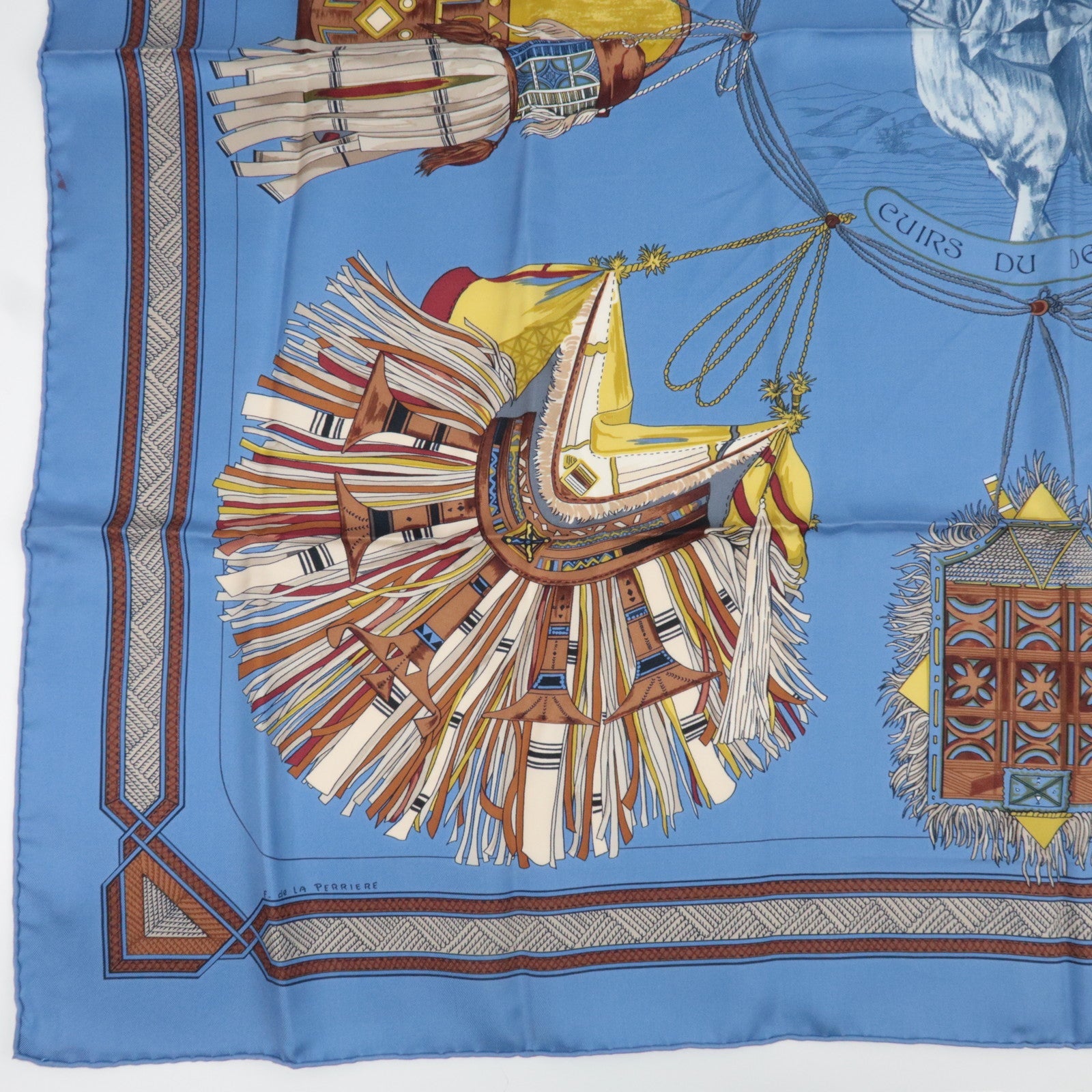 HERMES Carré 90 Scarf CUIRS DU DESERT 100% Silk Blue