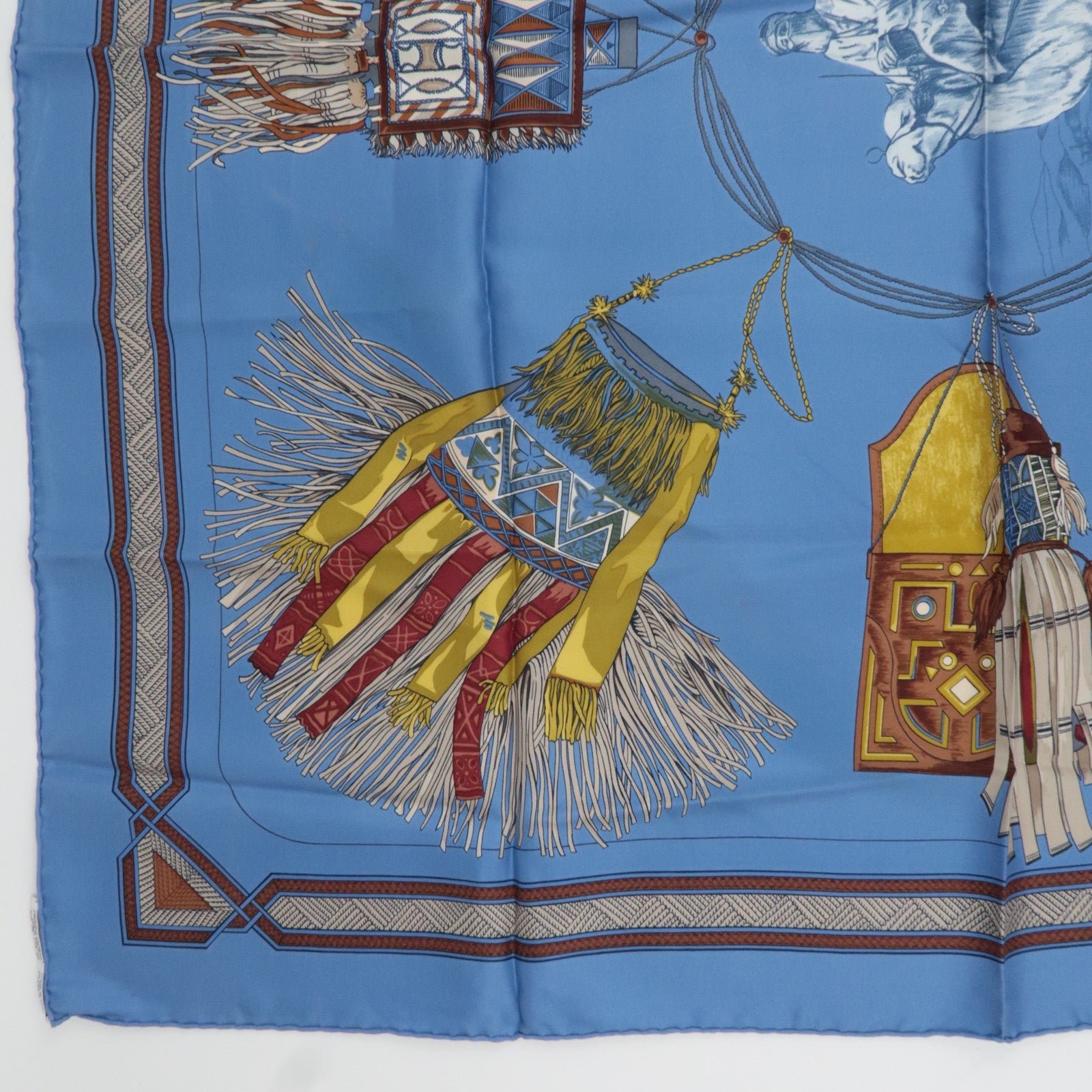 HERMES Carré 90 Scarf CUIRS DU DESERT 100% Silk Blue