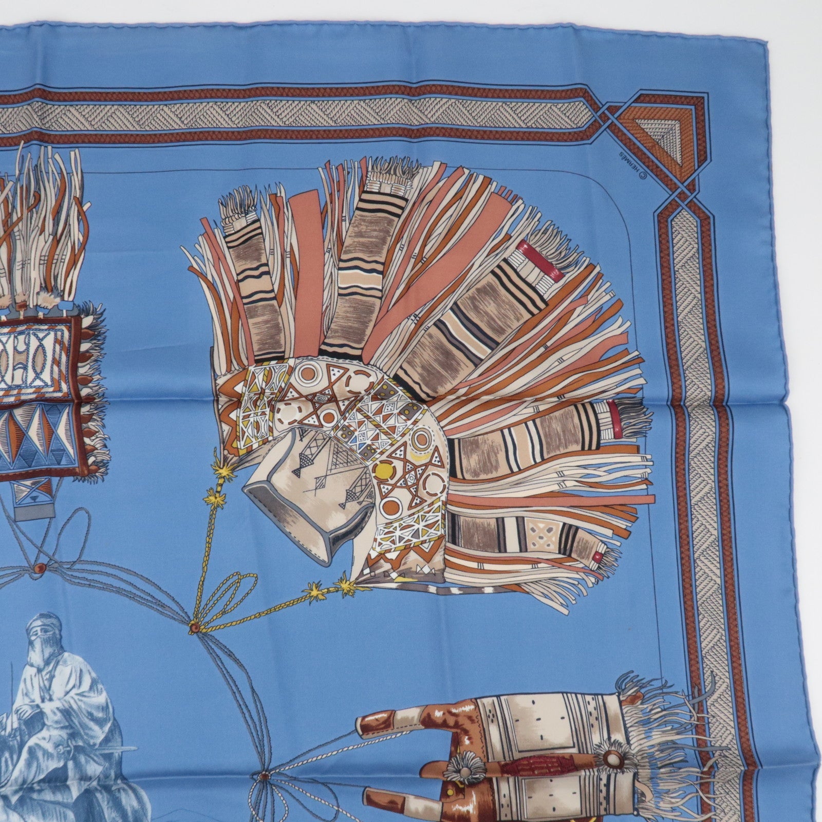 HERMES Carré 90 Scarf CUIRS DU DESERT 100% Silk Blue