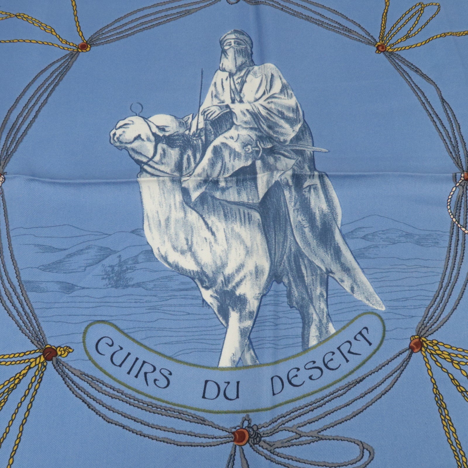 HERMES Carré 90 Scarf CUIRS DU DESERT 100% Silk Blue