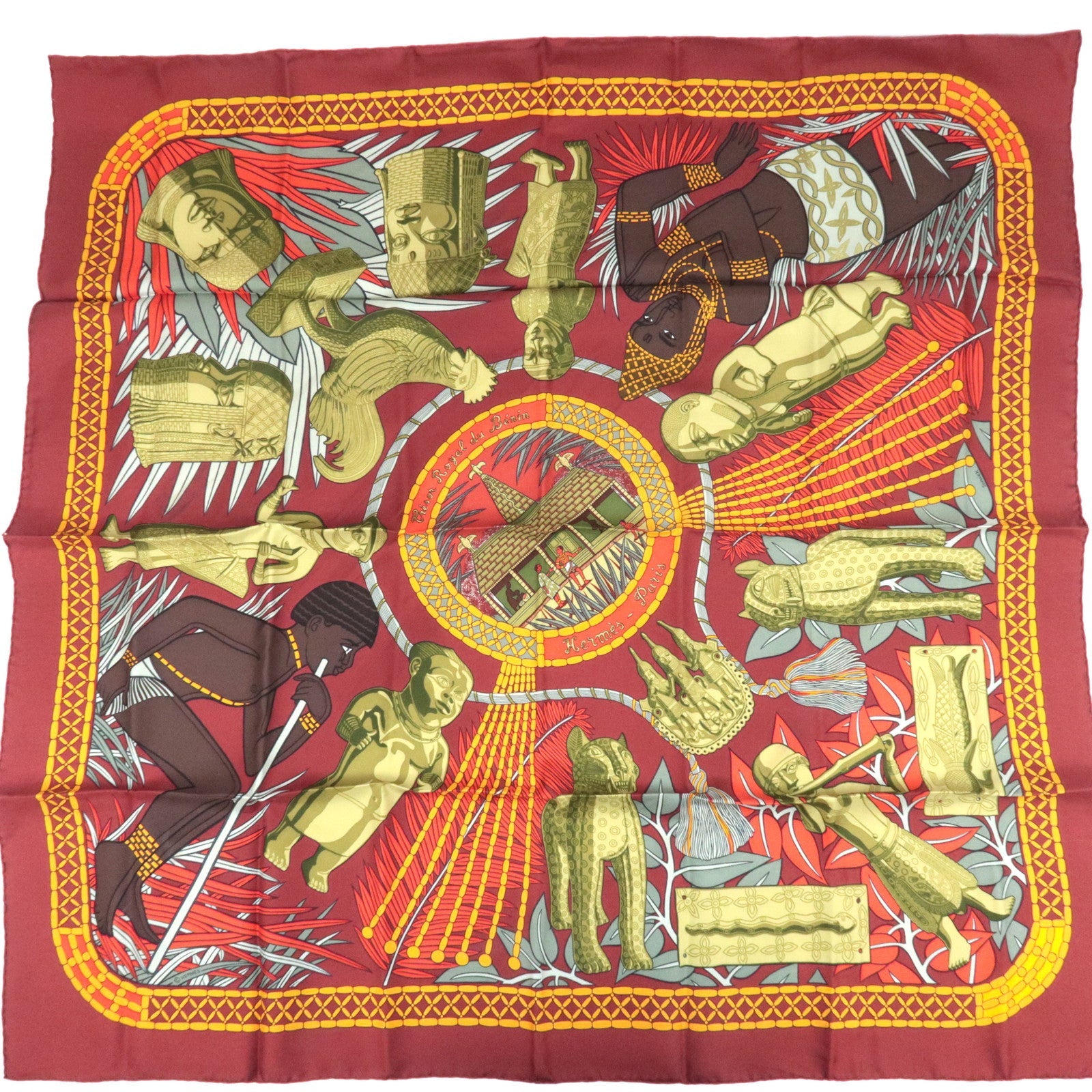 HERMES Carre 90 Scarf Tresor Royal du Benin 100% Silk Bordeaux83857