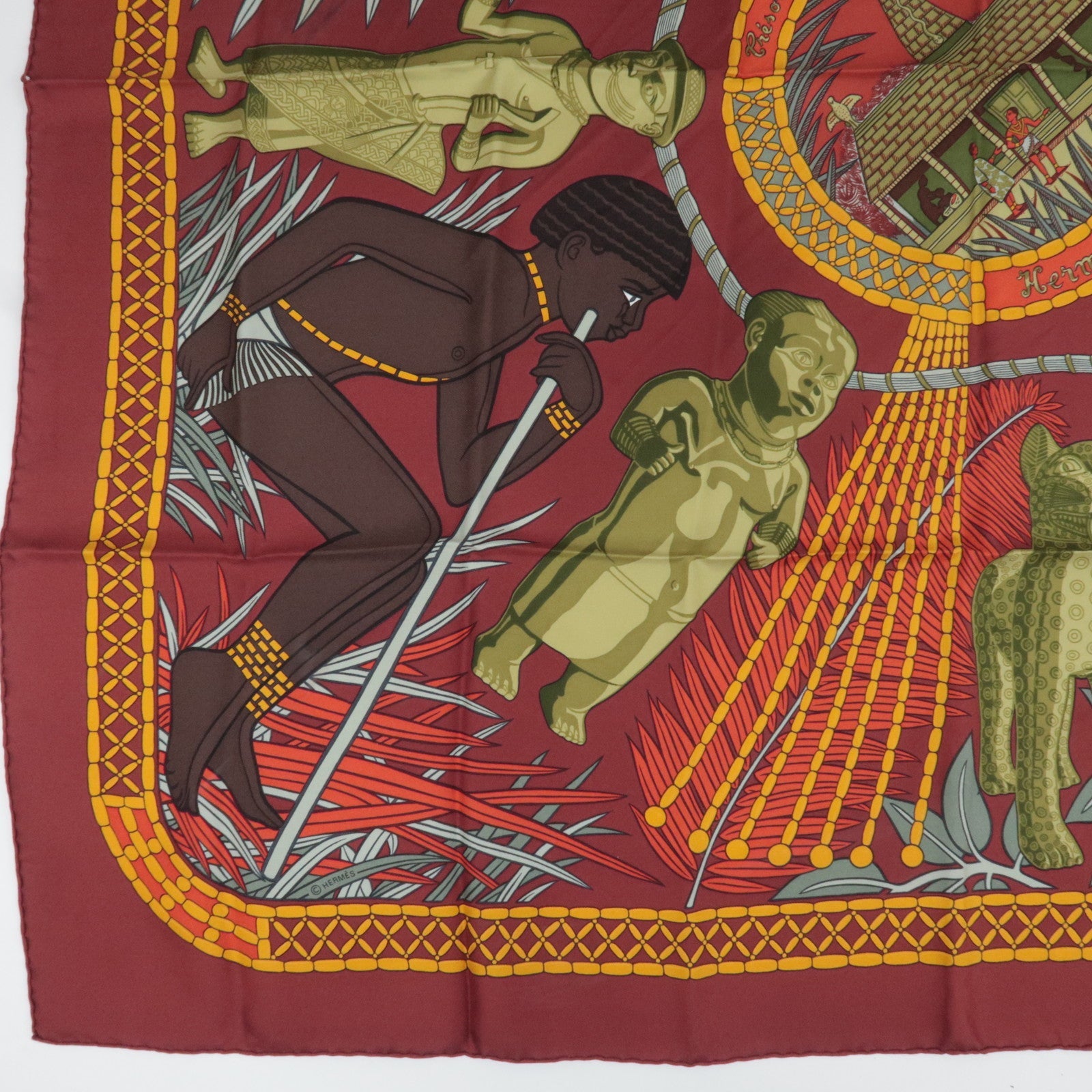 HERMES Carre 90 Scarf Tresor Royal du Benin 100% Silk Bordeaux