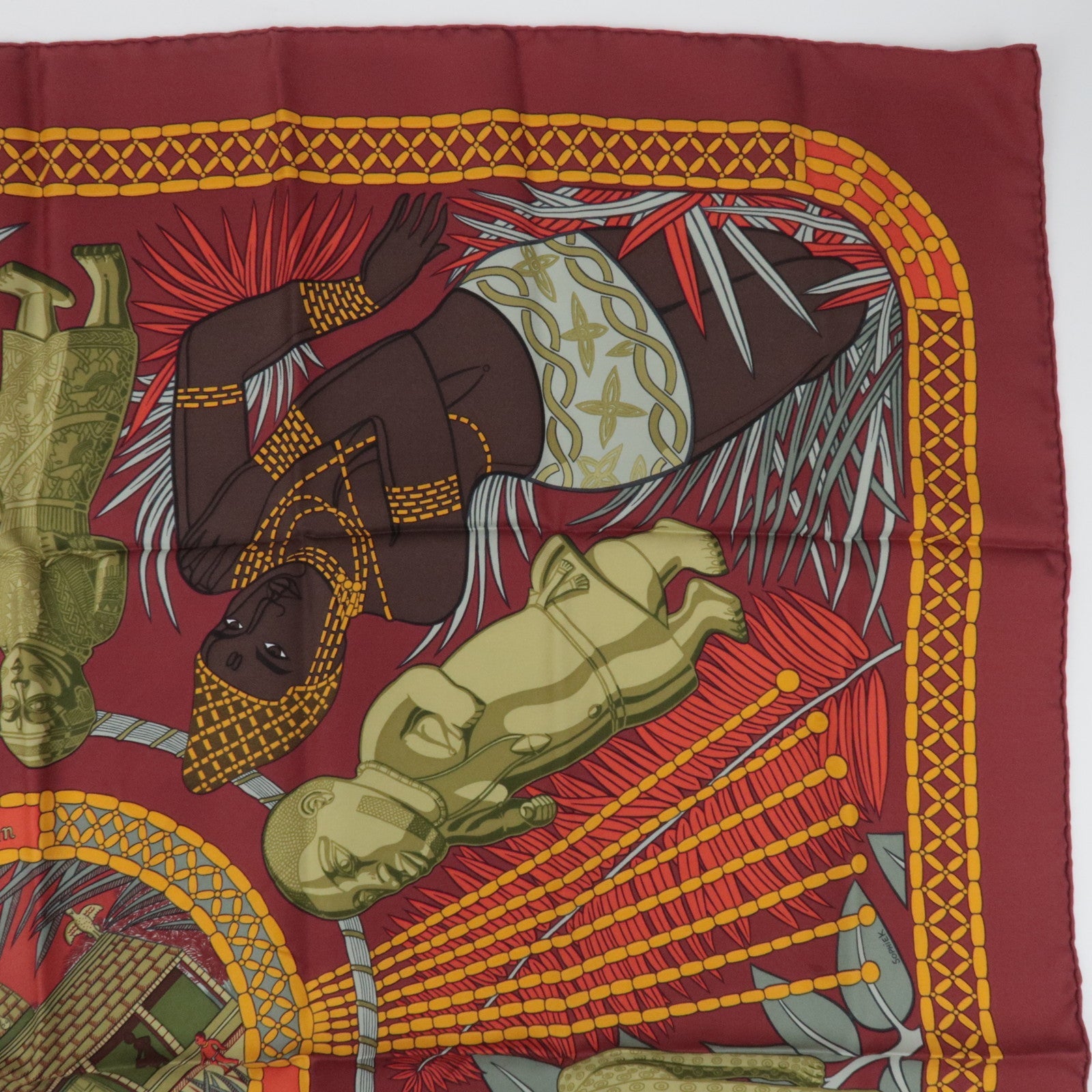 HERMES Carre 90 Scarf Tresor Royal du Benin 100% Silk Bordeaux