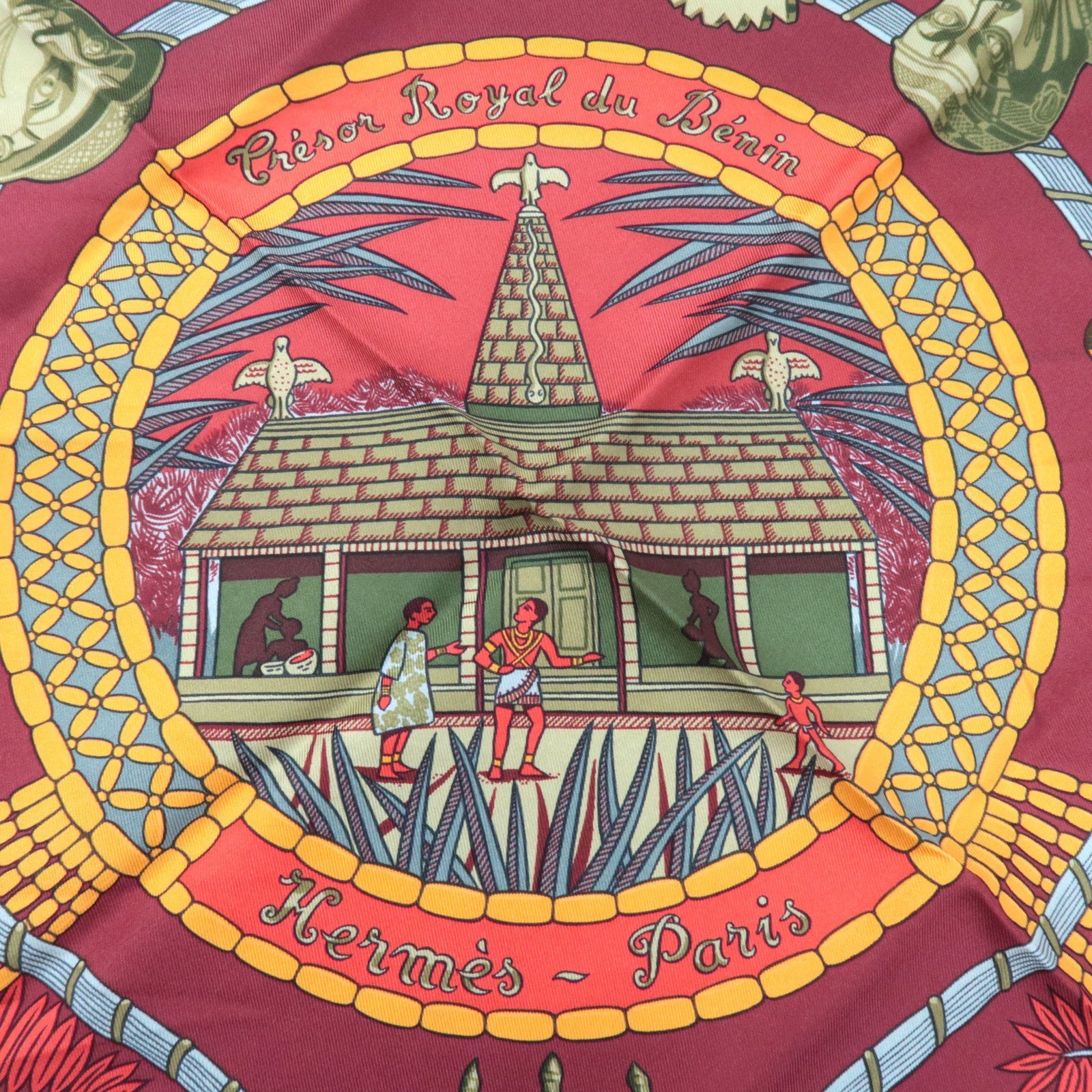 HERMES Carre 90 Scarf Tresor Royal du Benin 100% Silk Bordeaux