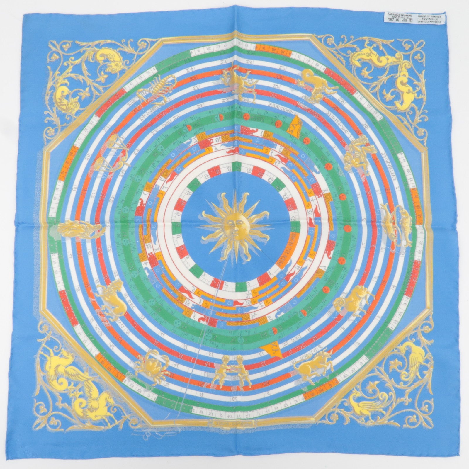 HERMES Petit Carre Carre 40 Scarf Astrology Print 100% Silk Blue