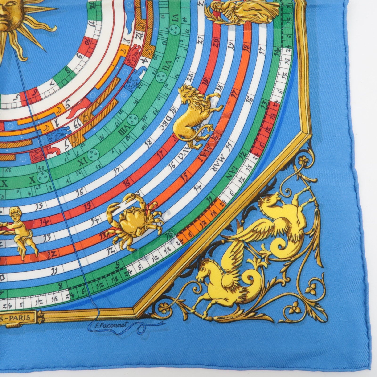 HERMES Petit Carre Carre 40 Scarf Astrology Print 100% Silk Blue