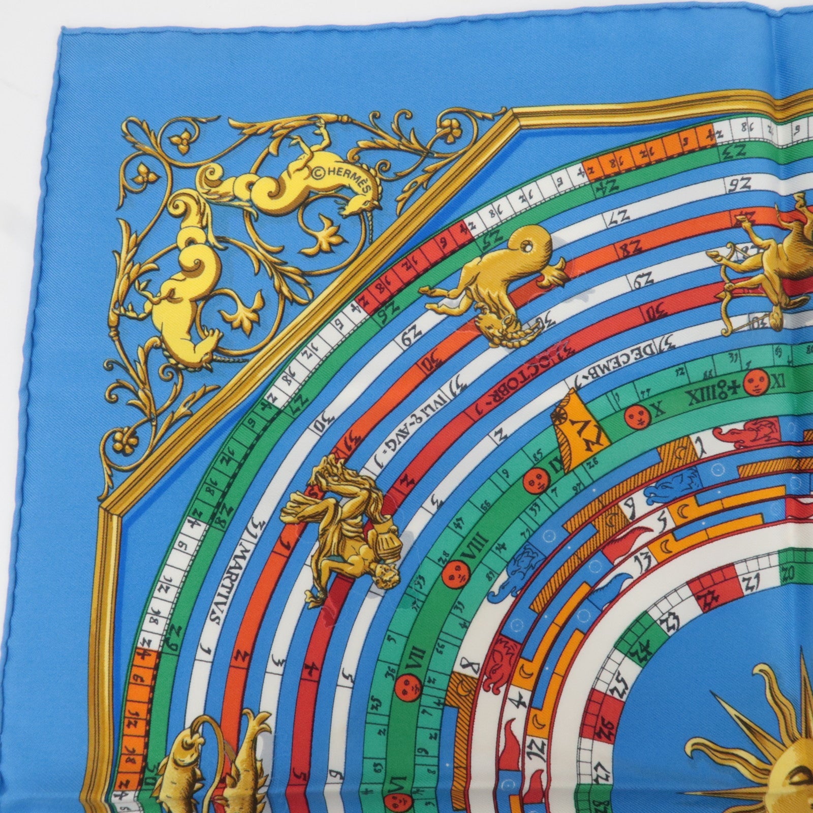 HERMES Petit Carre Carre 40 Scarf Astrology Print 100% Silk Blue