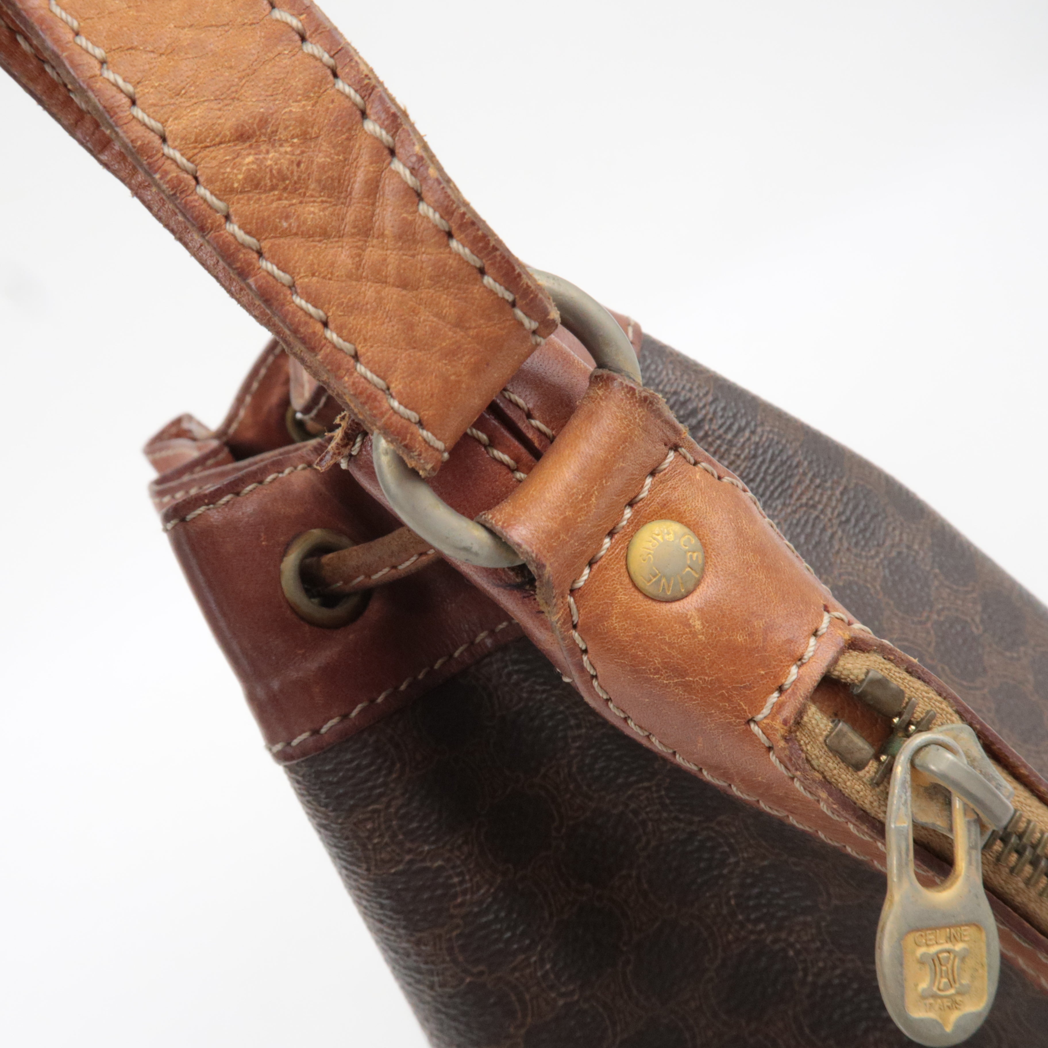 CELINE Macadam Drawstring Leather Shoulder Bag PVC Brown