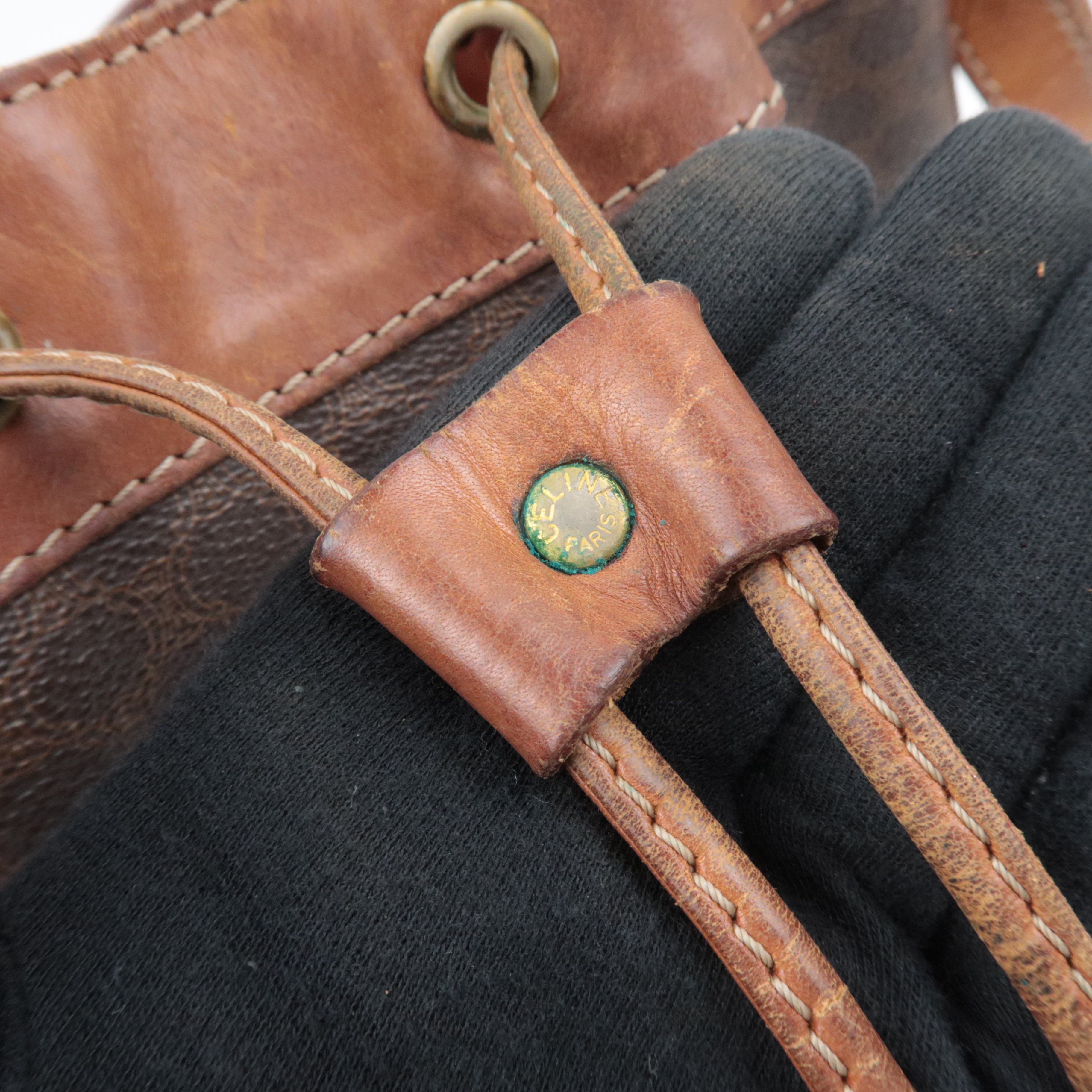 CELINE Macadam Drawstring Leather Shoulder Bag PVC Brown