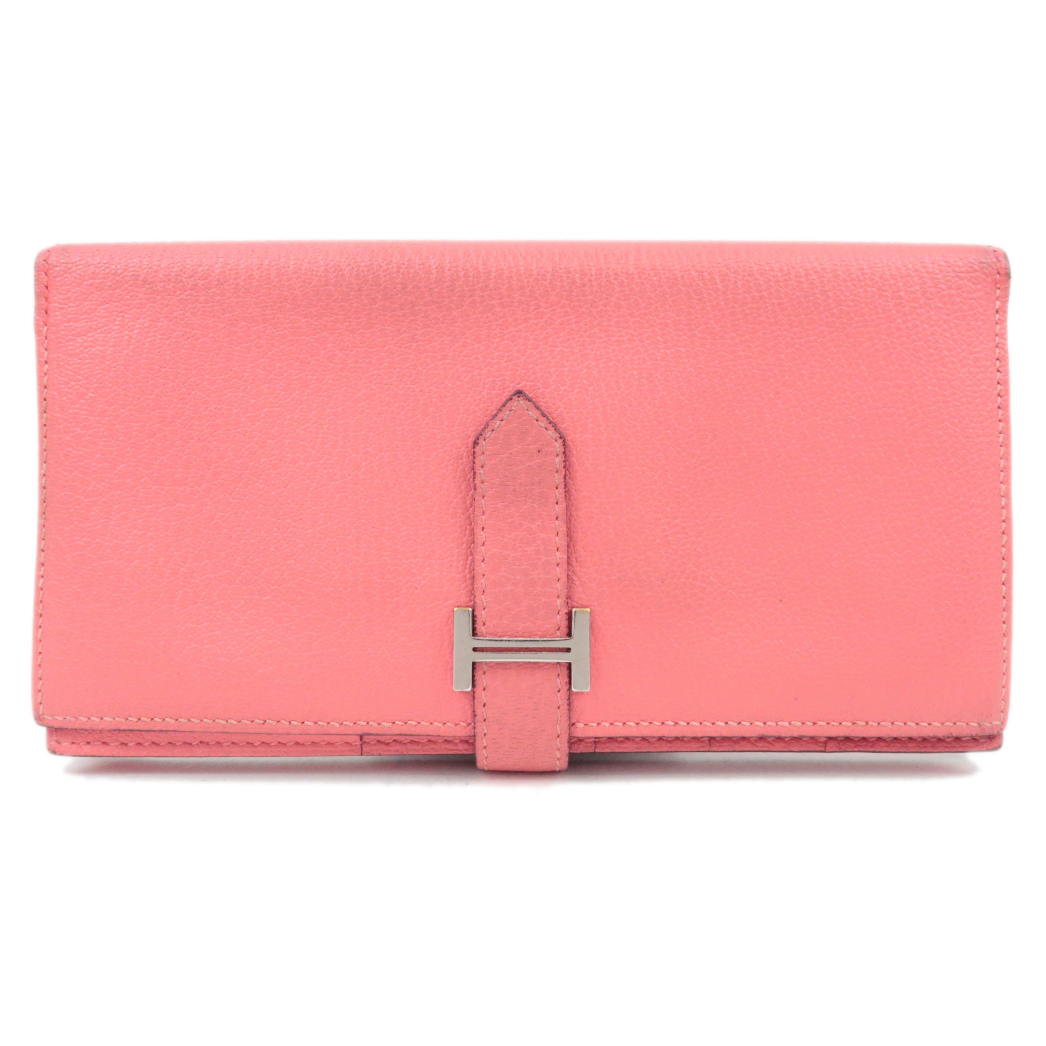 HERMES Bearn Soufflet Bifold Long Wallet X Stamp (2016) Chevre Rose Azalea Silver HDW *Box83925