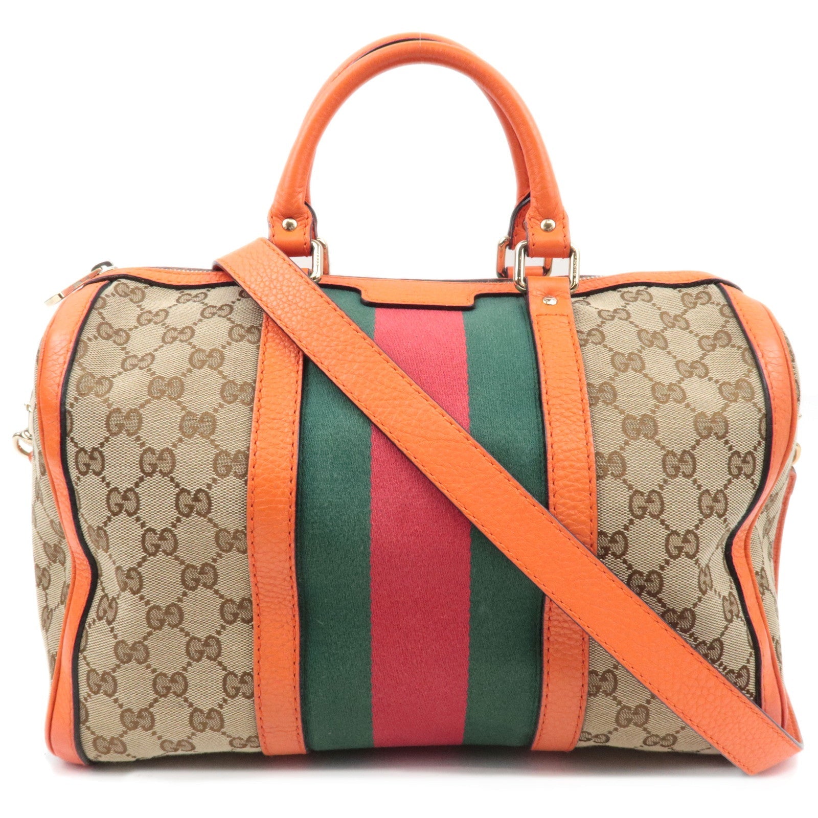 GUCCI Sherry GG Canvas Leather 2Way Boston Bag Beige Orange 247205 *Strap83939