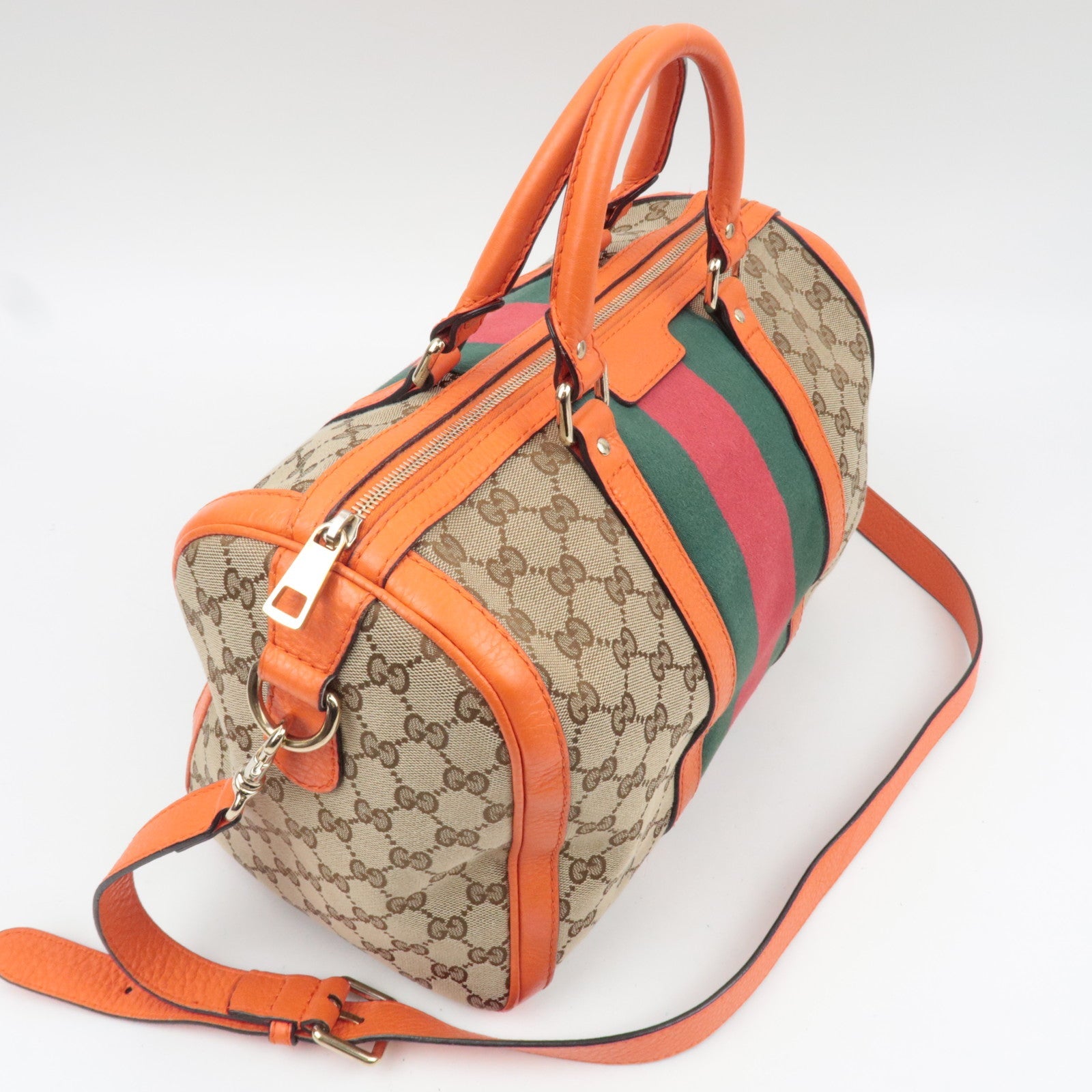 GUCCI Sherry GG Canvas Leather 2Way Boston Bag Beige Orange 247205 *Strap