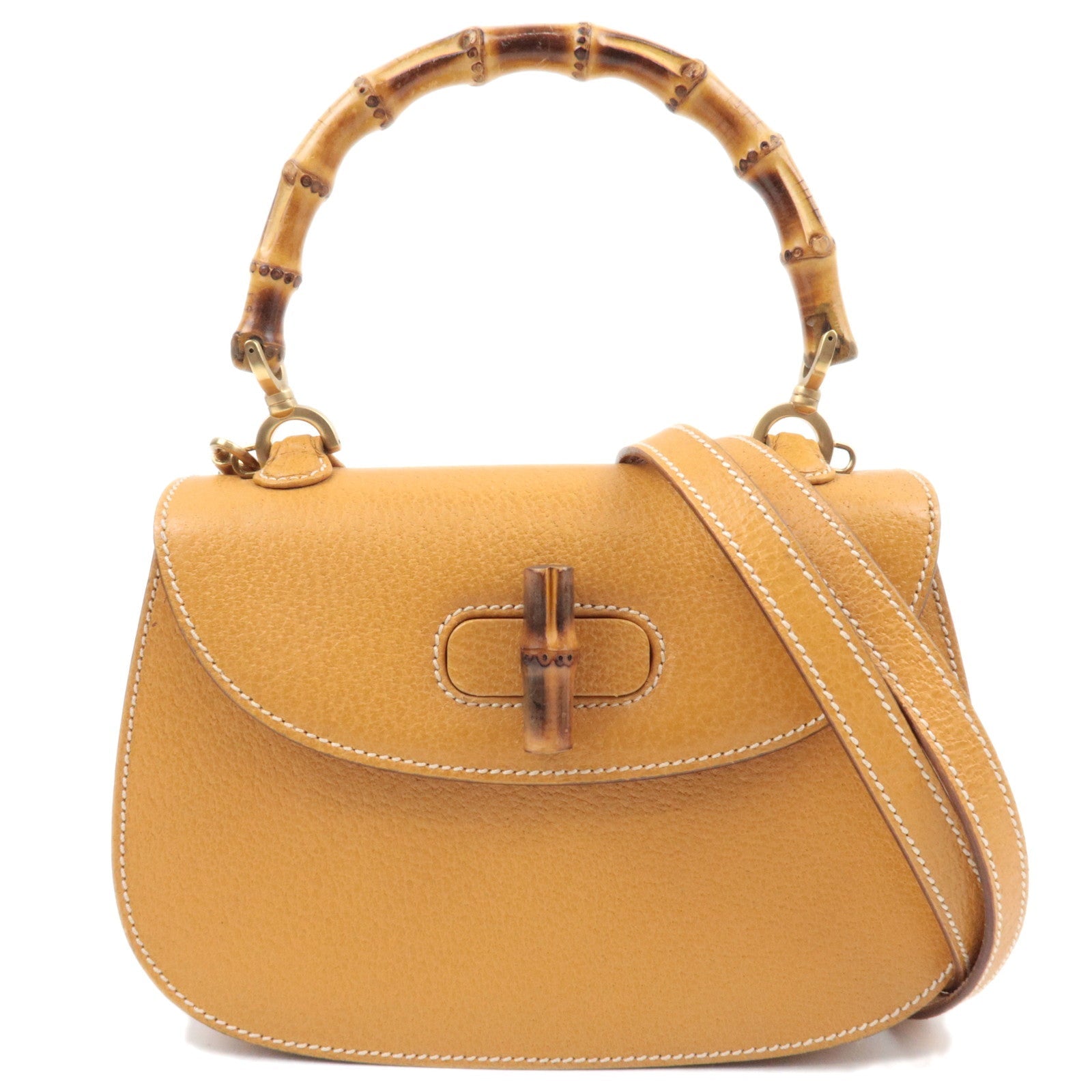 GUCCI Bamboo 2Way Leather Shoulder Bag Beige 000.1014.0188 *Strap84079