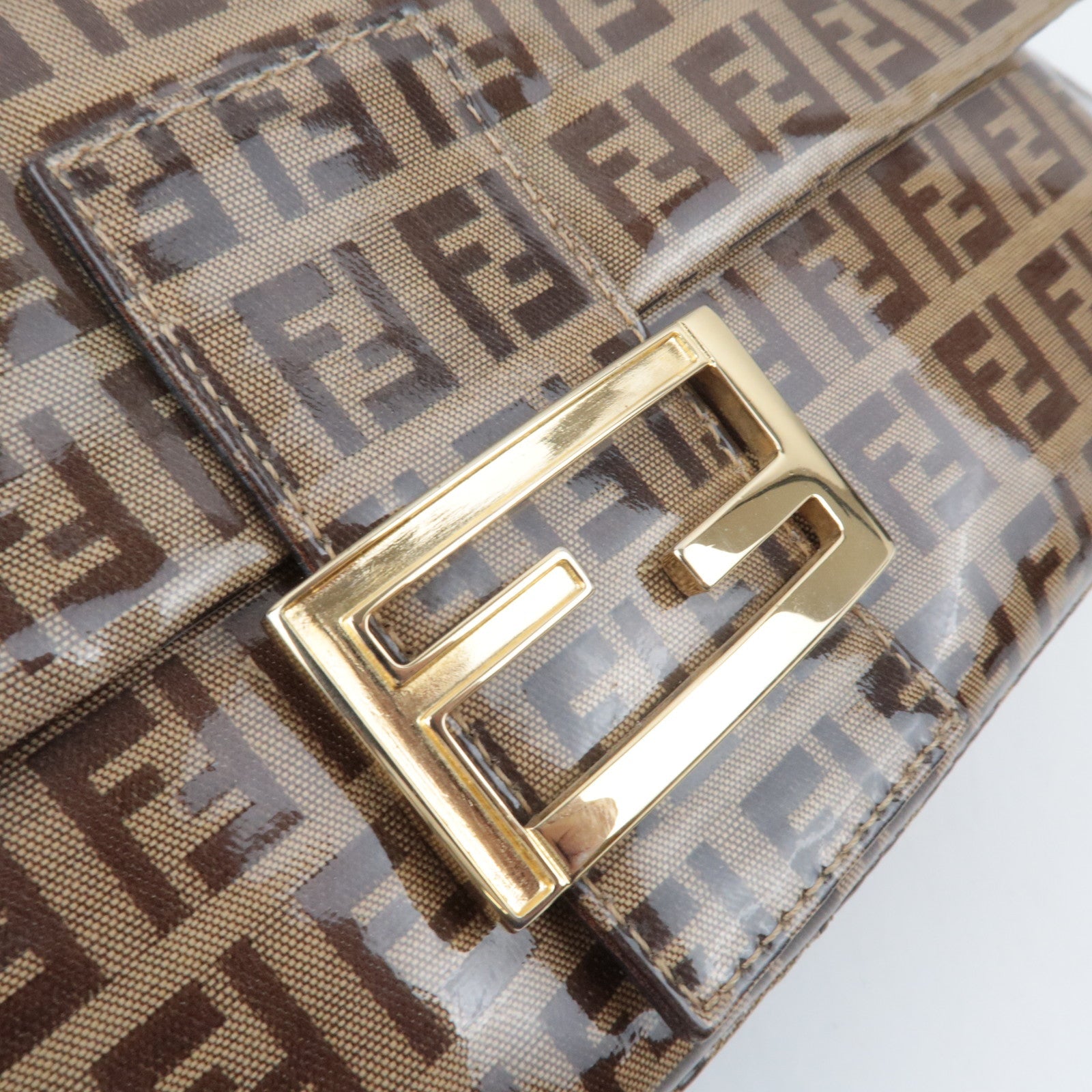 FENDI Zucchino Mamma Baguette Vinyl Leather Shoulder Bag Beige Brown 26325