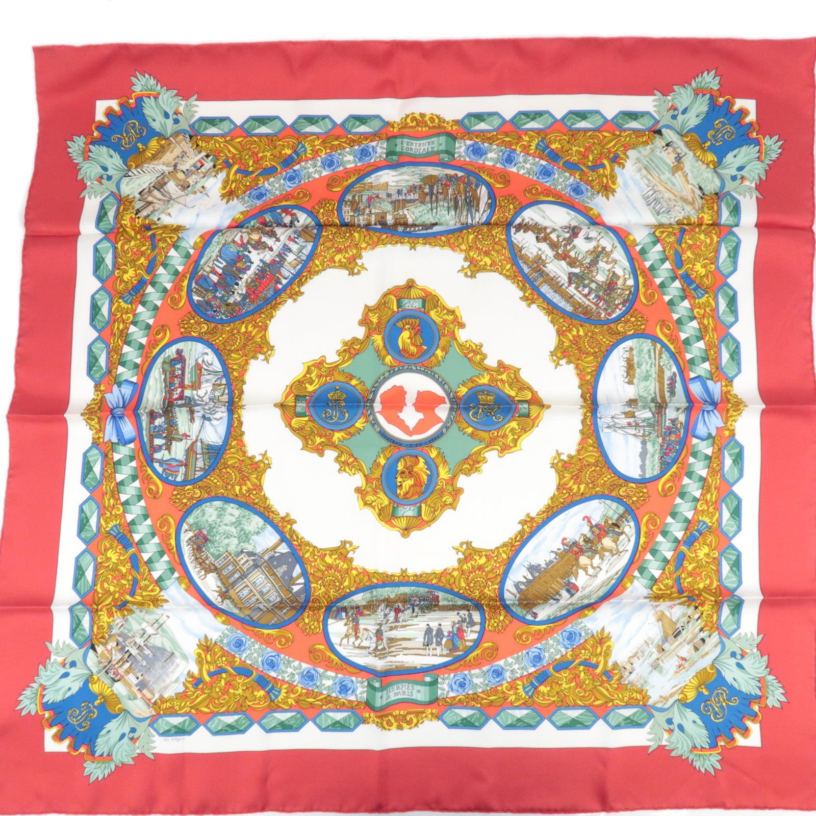 Hermes Carre 90 Scarf L'ENTENTE CORDIALE 100% Silk Red84093