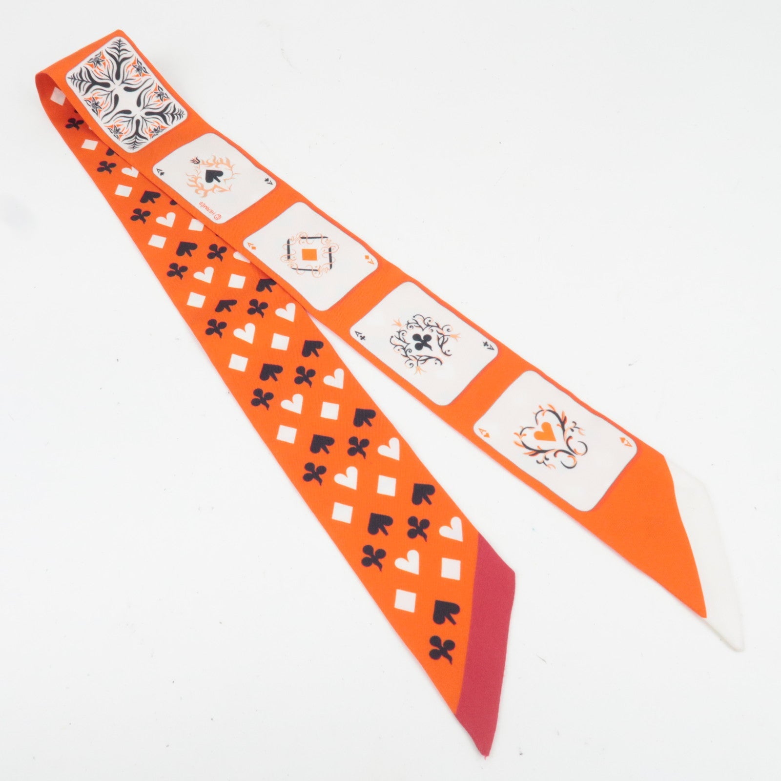 HERMES Twilly Scarf JEU DE CARTES 100% Silk Orange *Box