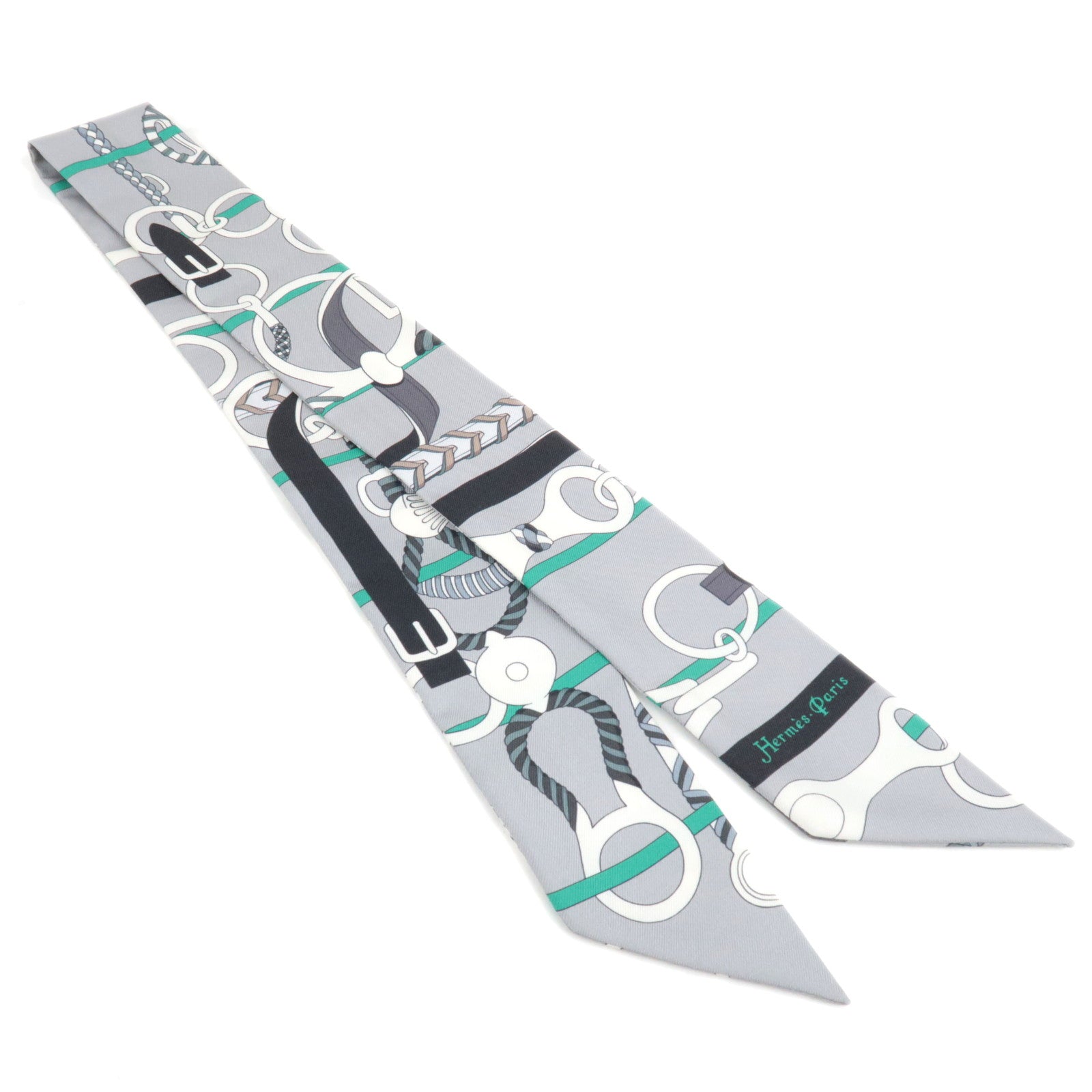 HERMES Twilly Scarf Panoplie Equestre 100% Silk Gray84152