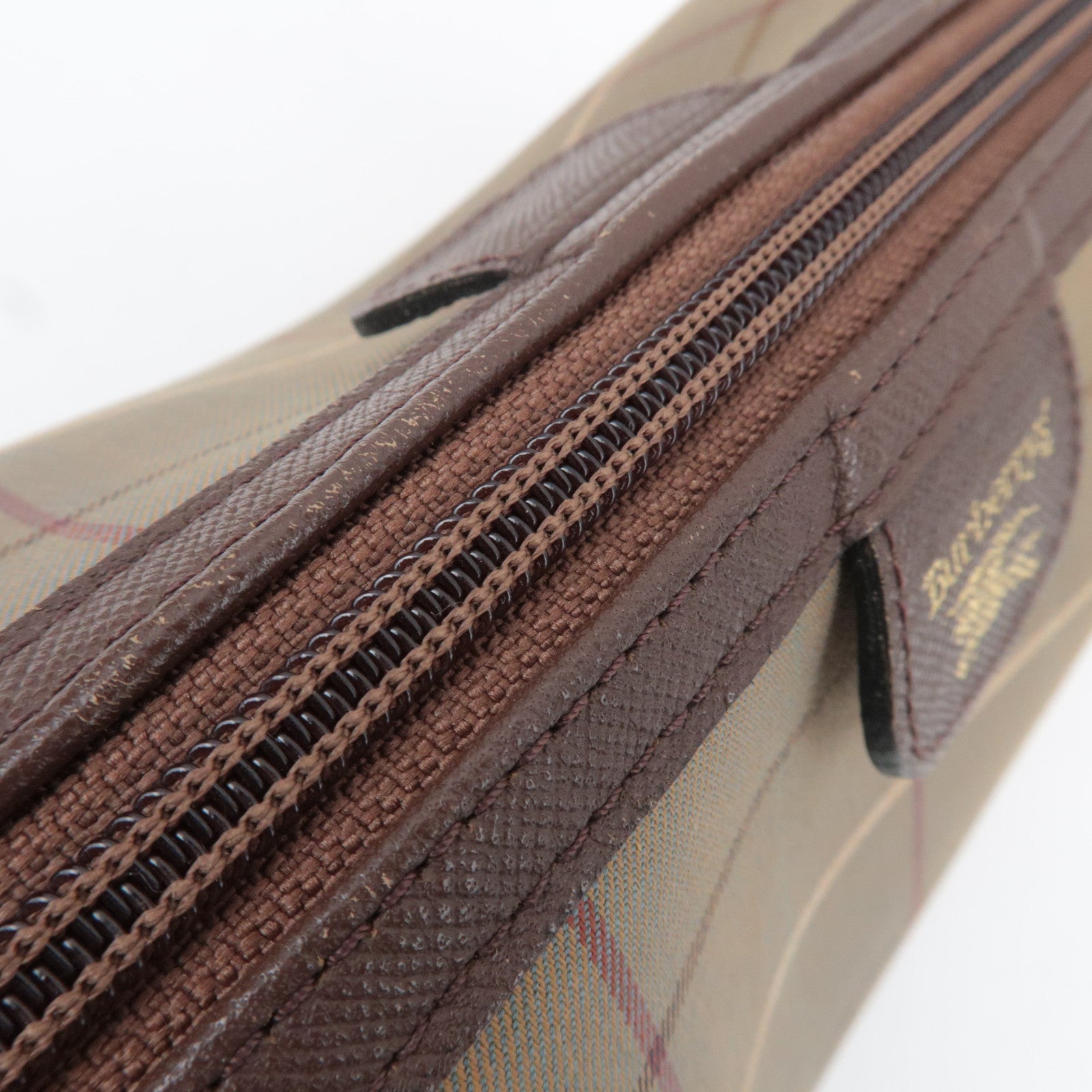 BURBERRY burberrys Nova Plaid Canvas Leather Cosmetic Pouch Beige Brown