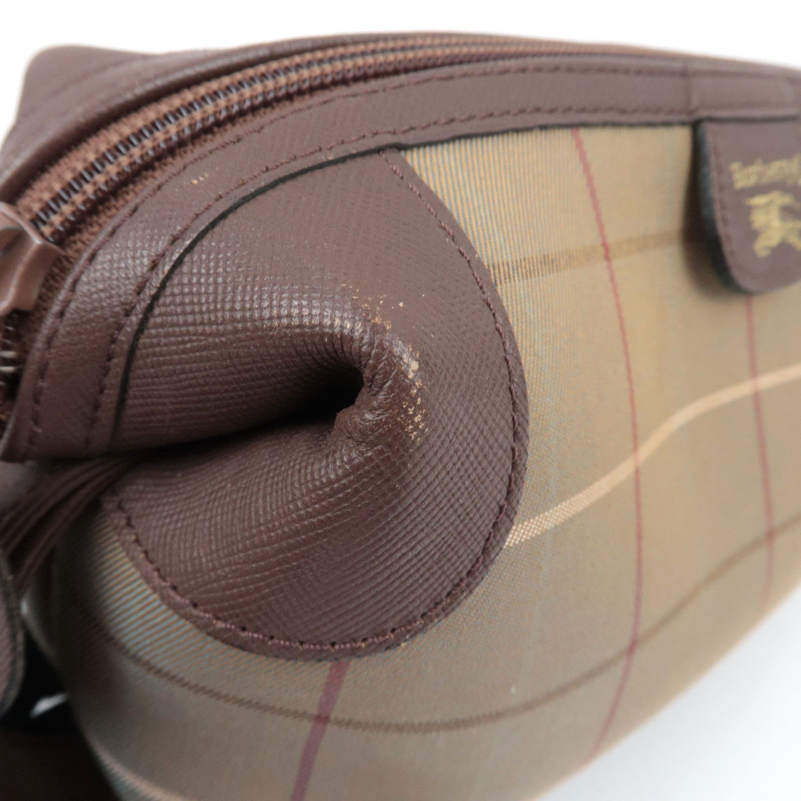BURBERRY burberrys Nova Plaid Canvas Leather Cosmetic Pouch Beige Brown