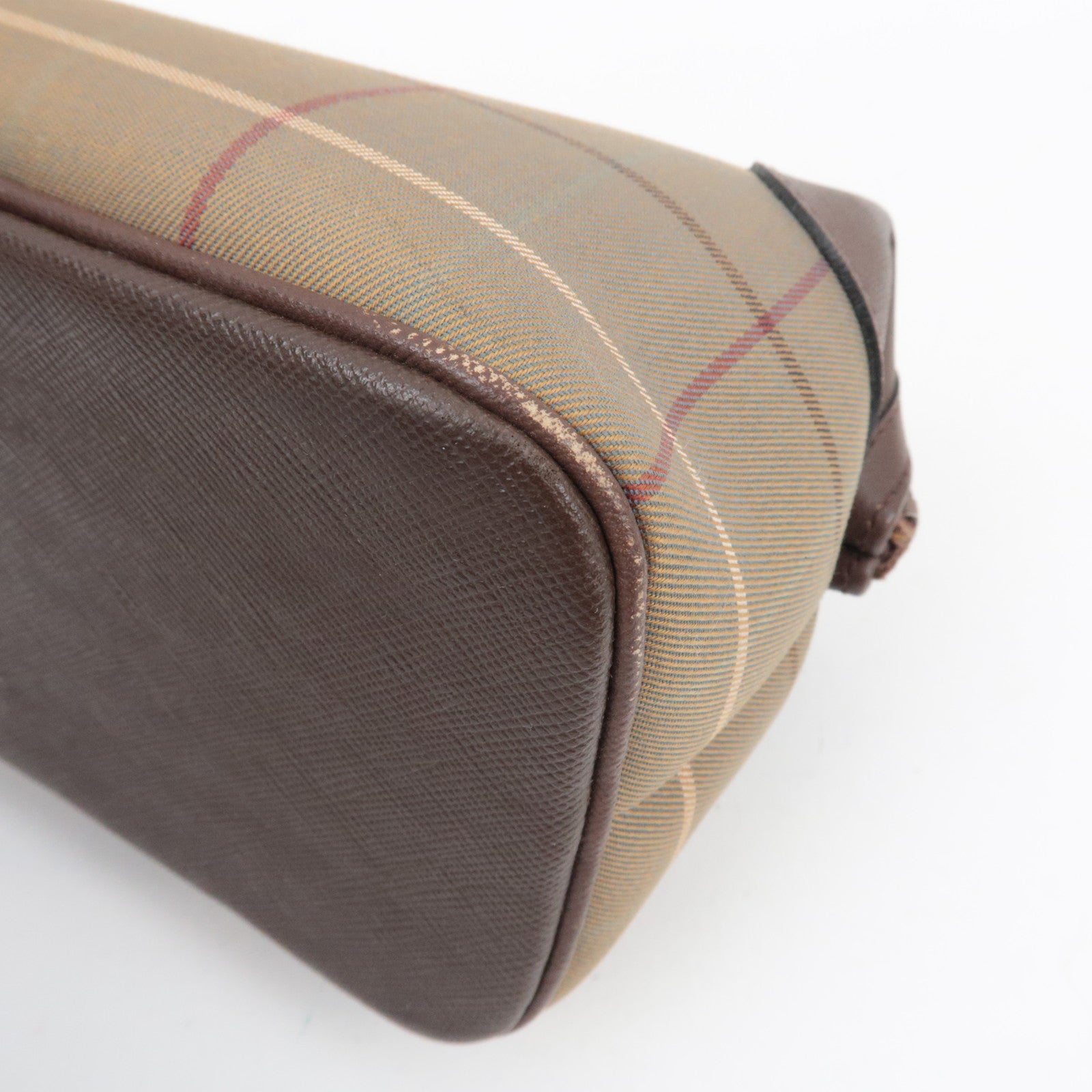 BURBERRY burberrys Nova Plaid Canvas Leather Cosmetic Pouch Beige Brown