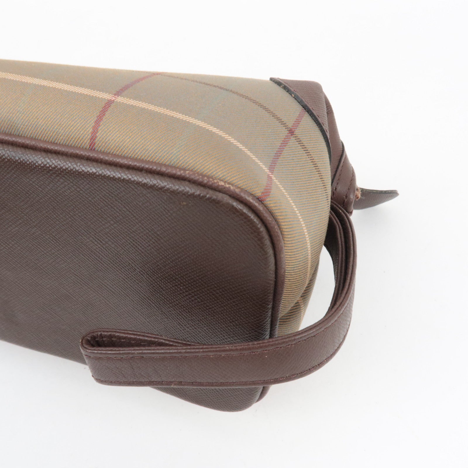 BURBERRY burberrys Nova Plaid Canvas Leather Cosmetic Pouch Beige Brown