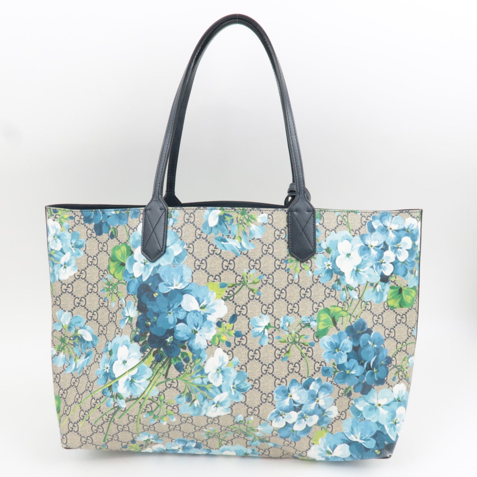 GUCCI GG Blooms GG Supreme Leather Reversible Tote Bag Beige Blue 546317 *Name tag