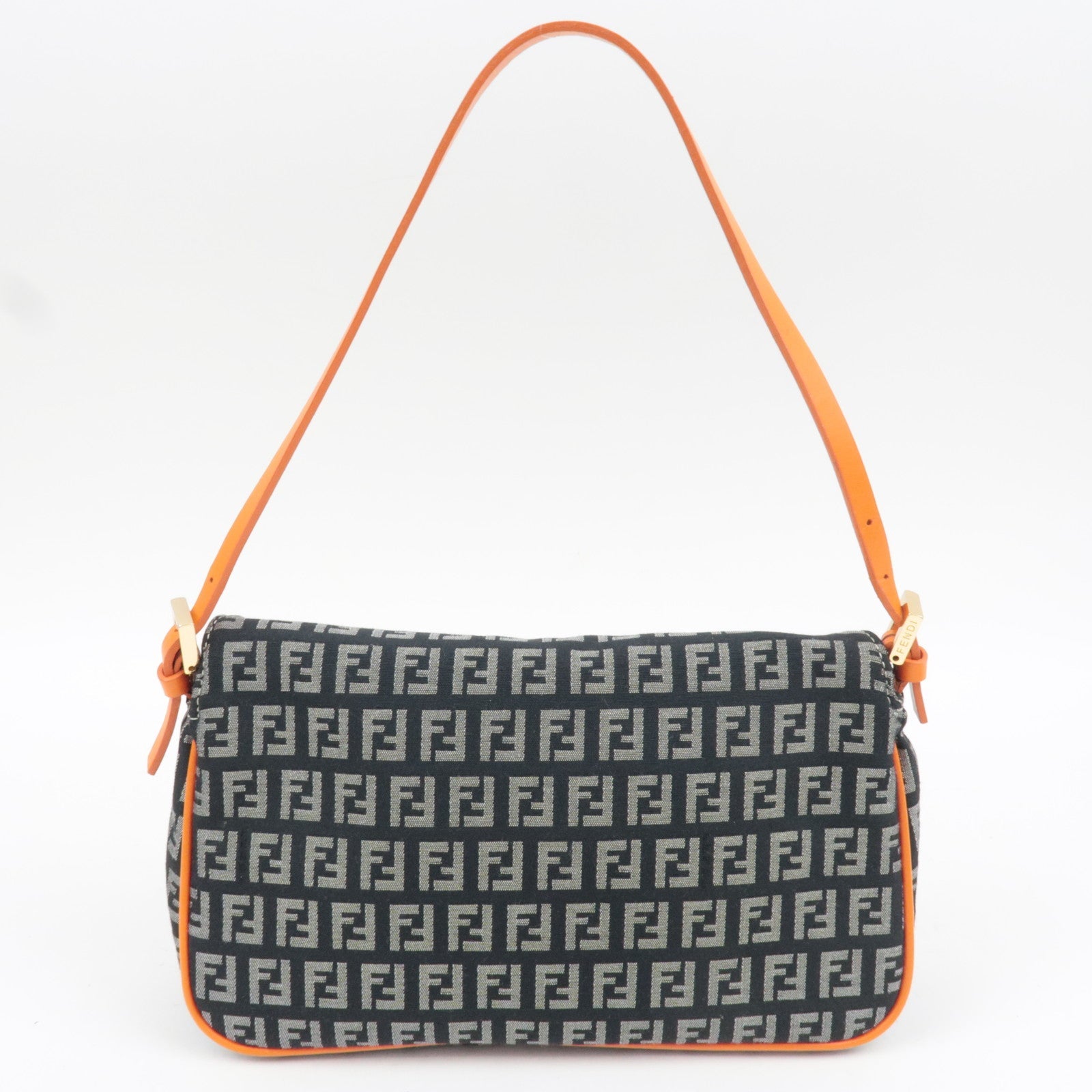 FENDI Zucchino Canvas Leather Shoulder Bag Black Orange 8BR145