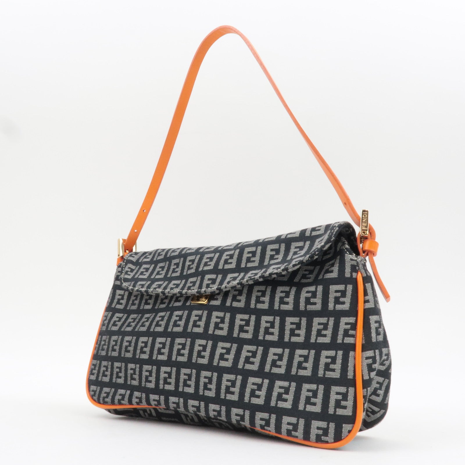FENDI Zucchino Canvas Leather Shoulder Bag Black Orange 8BR145