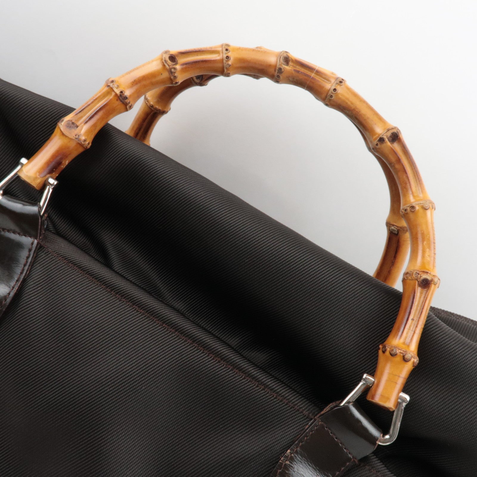 GUCCI Bamboo Nylon Canvas Patent Handbag Brown 002.2854.0412.5