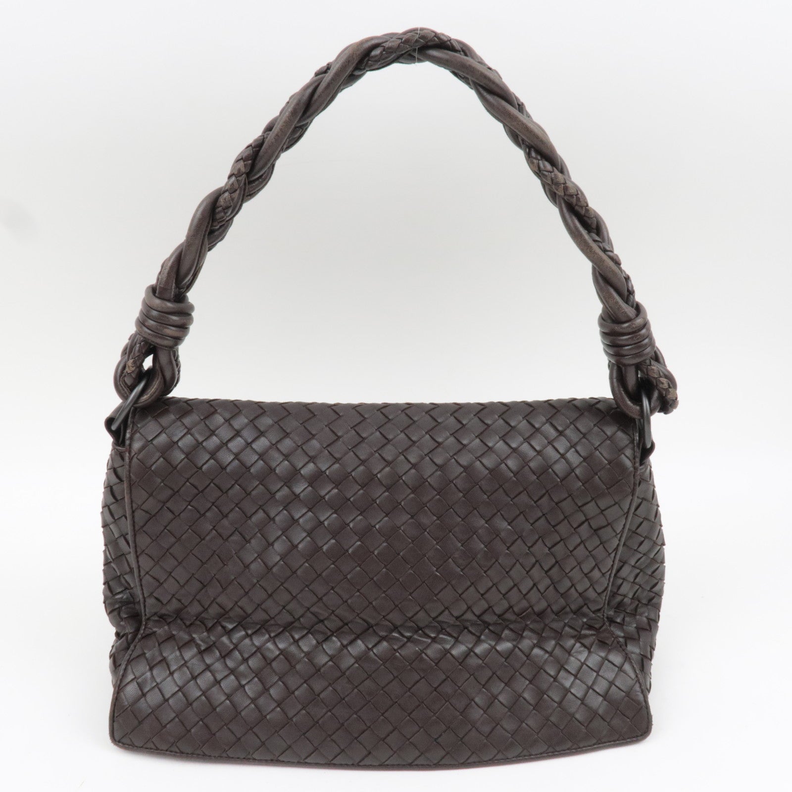 BOTTEGA VENETA Intrecciato Flap Leather Shoulder Bag Brown 145195
